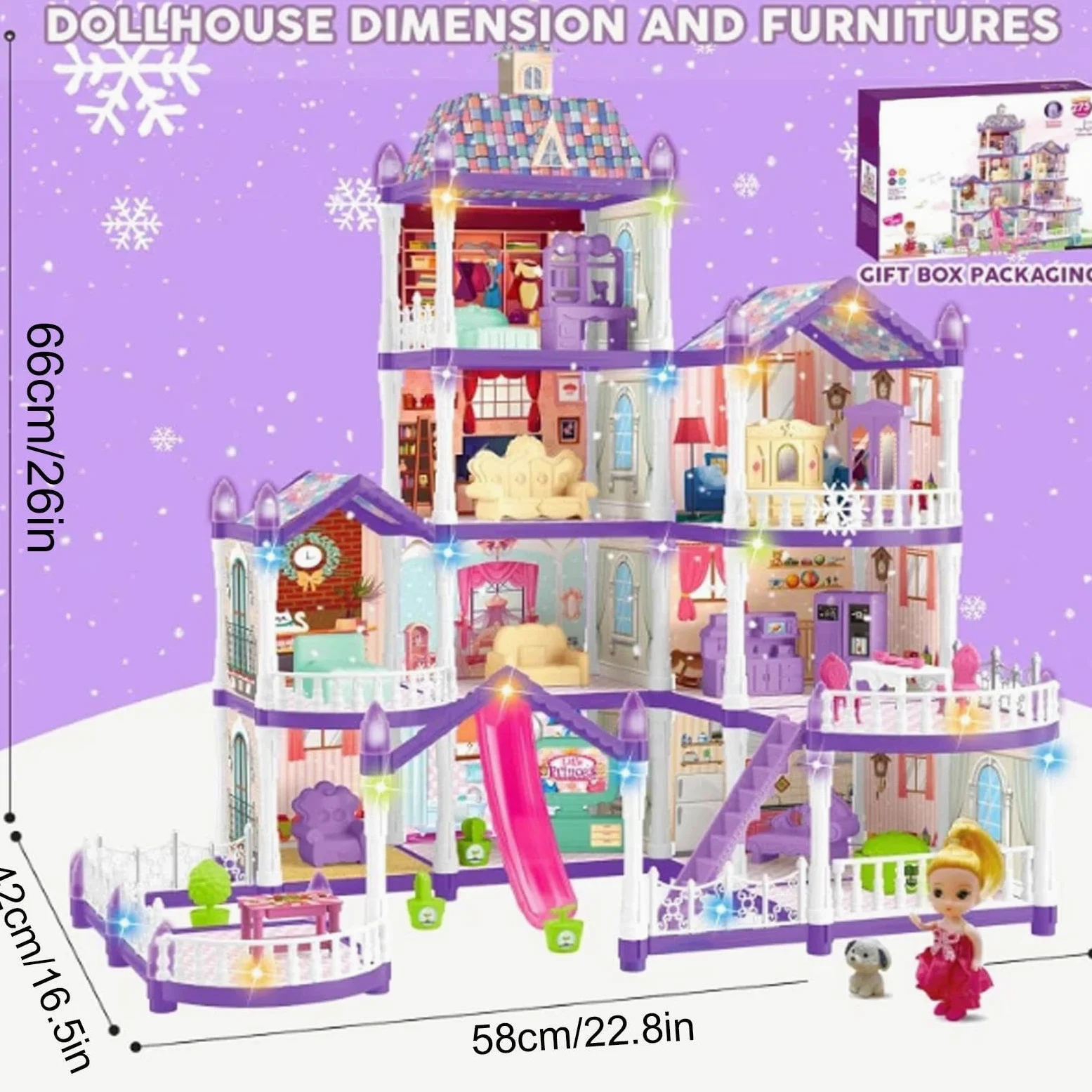 Casa delle bambole, 4 piani, 13 stanze, kit in miniatura | Villa - Set da gioco per casa delle bambole con 3 principesse e 2 cuccioli e accessori per mobili per bambini dai 4 ai 6 anni