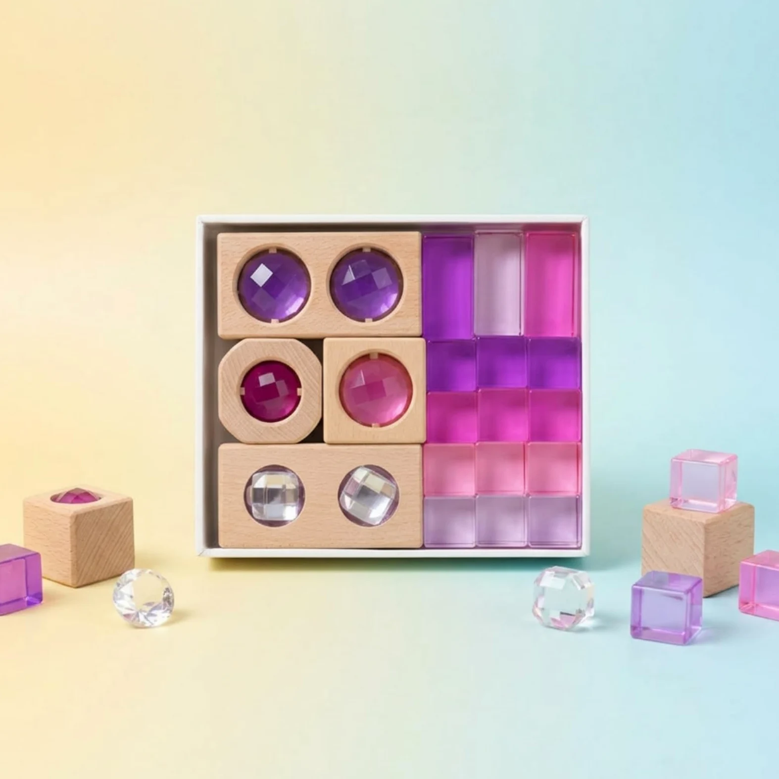 Mattoncini in Legno e Acrilico Traslucido Blocchi Impilabili con Lenti Effetto Cristallo Gioco Creativo, Viola