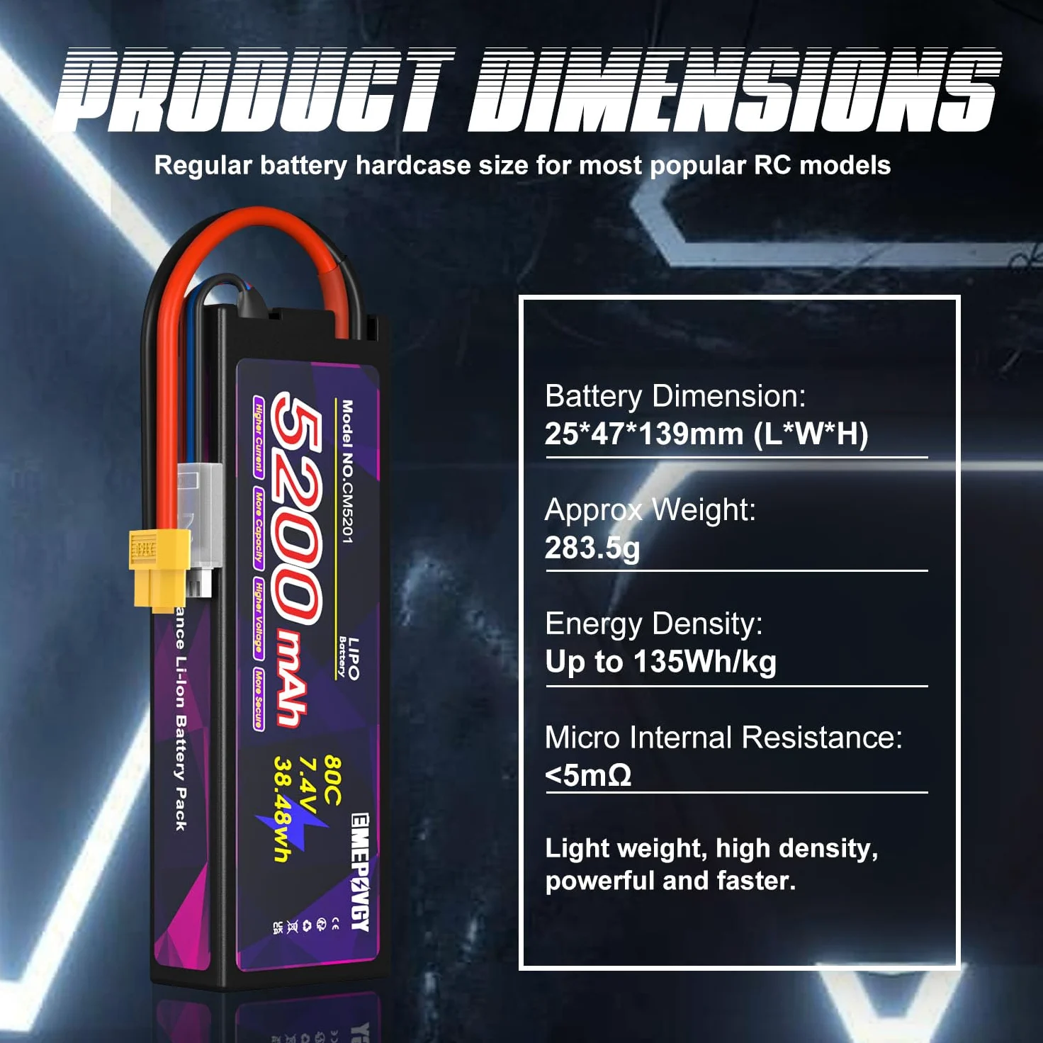 Batteria Lipo da 7,4 V 2S 5200 mAh 80C Lipos custodia rigida con connettore XT60 per auto RC camion 1/8 1/10 RC veicoli (2 confezioni)
