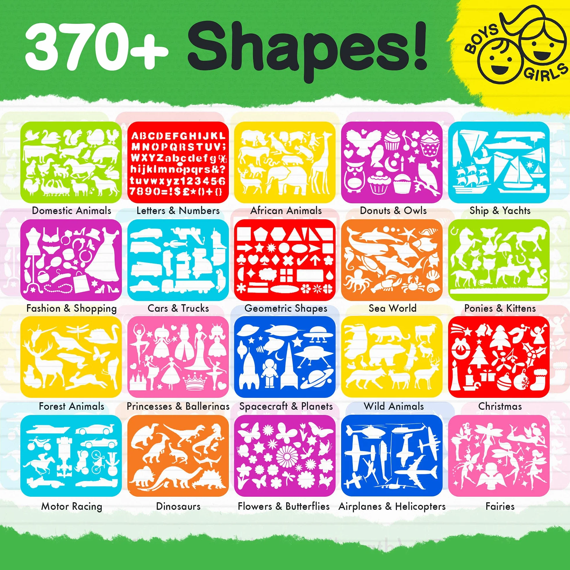Stencil per Bambini | Set da Disegno con Stencil 58 PZ con più di 370 Forme per Sviluppo creatività | Giocattolo educativo Sicuro per Bimbi e Bimbe +3 Anni – Ottima Idea Regalo