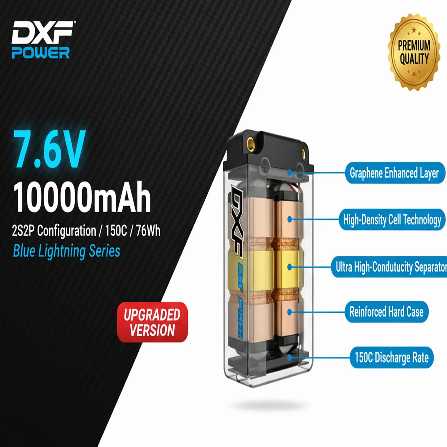 DXF Batteria LiPo 2S 7.6V 10000mAh 150C HV Bullet 5.0mm Spina T Auto RC 1/8 1/10 Truck Buggy Touring Drift Alta Capacità Lunga Durata Gare Racing Competizione Modellismo 2 Pezzi