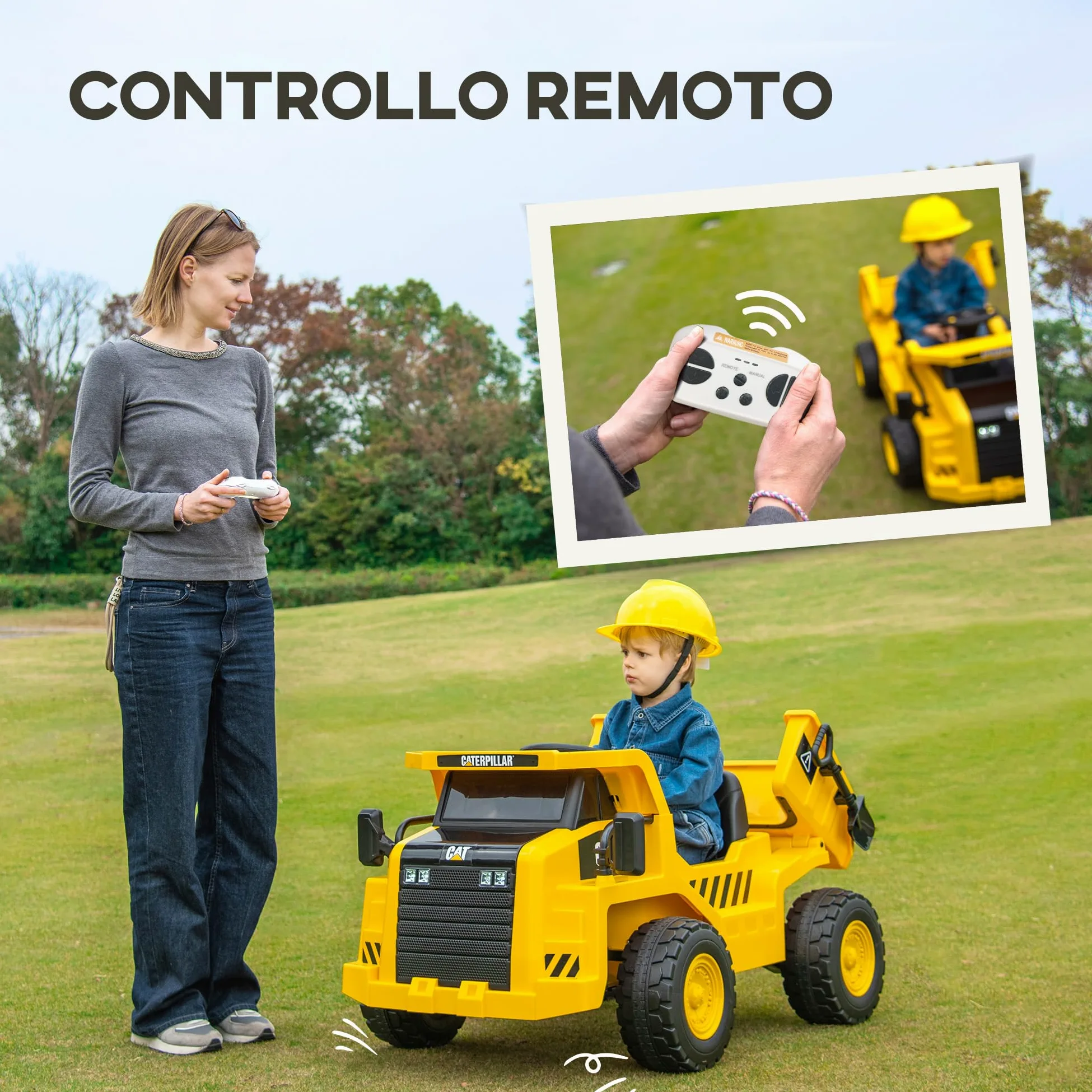 AIYAPLAY 12V Camion Giocattolo Licenza Caterpillar con Musica Giallo | Macchina Elettrica per Bambini, Telecomando, Fari, Secchio e Pala, Escavatore in PP e Metallo