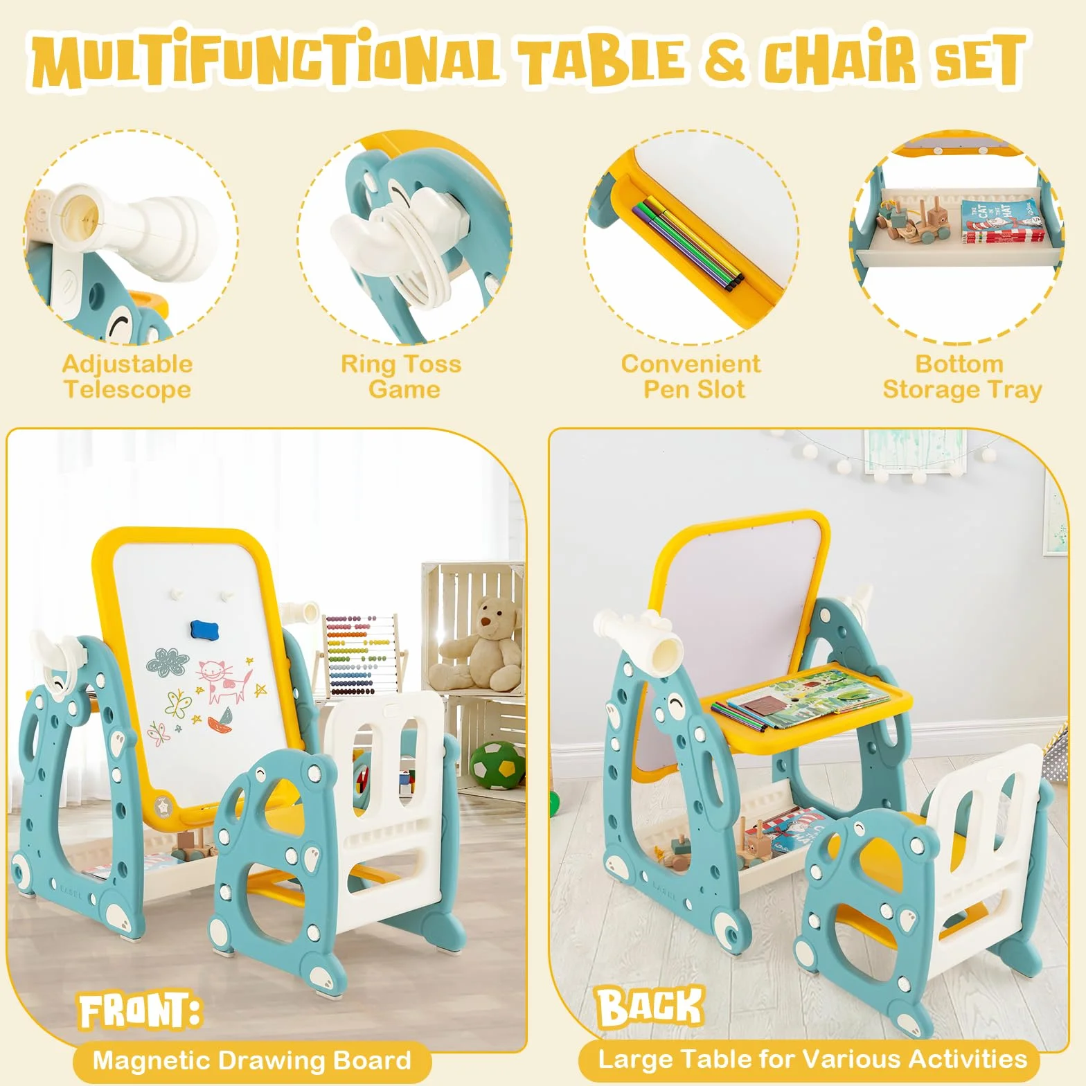 HOMASIS Cavalletto da pittura per bambini con sedia, lavagna per bambini ad altezza regolabile, tavolino multifunzione e salvaspazio, con penne, gomma per lavagne bianche, blu e giallo