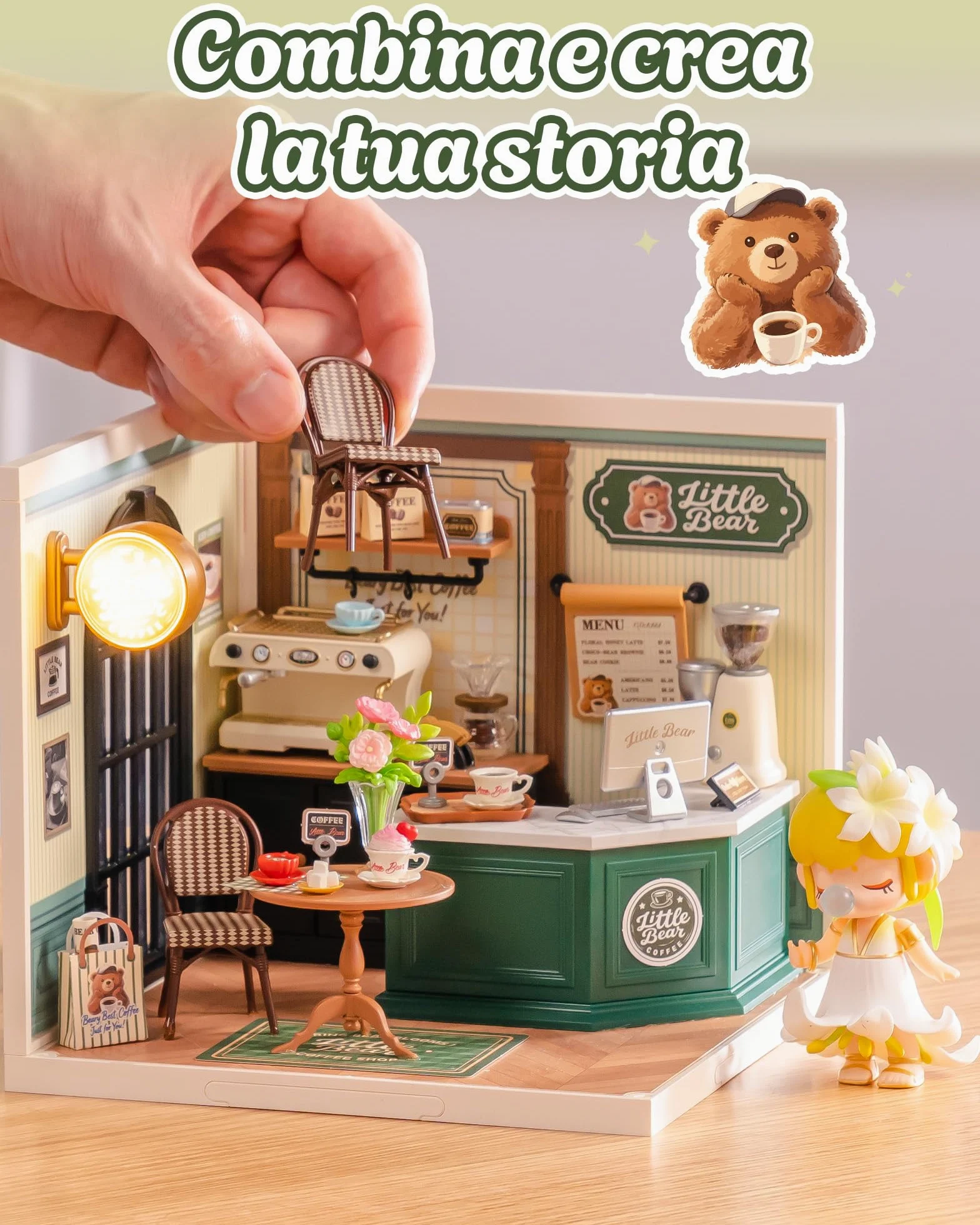 Rolife Super Creator Perfect Romance Café, kit fai da te in miniatura con luce, kit di mobili per casa delle bambole in plastica, senza colla, kit di costruzione per adulti e adolescenti, regalo