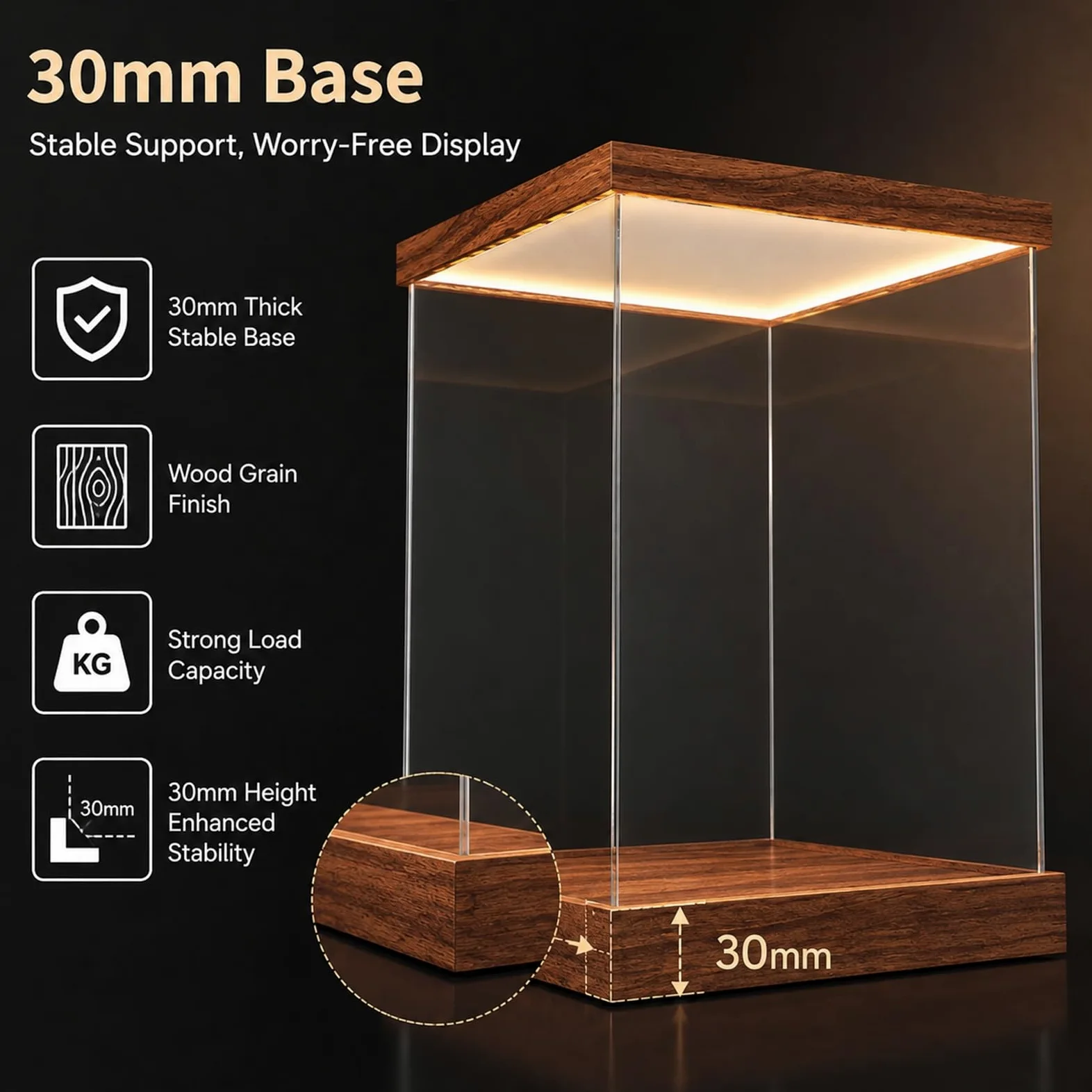 Vetrina Espositiva Vetrina Quadrata In Acrilico Per Illuminazione Con Base In Legno Di Noce