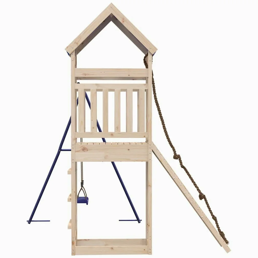Torre da gioco in legno di pino massiccio con piattaforma da 118 cm, rampa da arrampicata, altalena e sabbiera, stabile struttura a forma di A per il giardino, con tetto a nuvola e ringhiera di