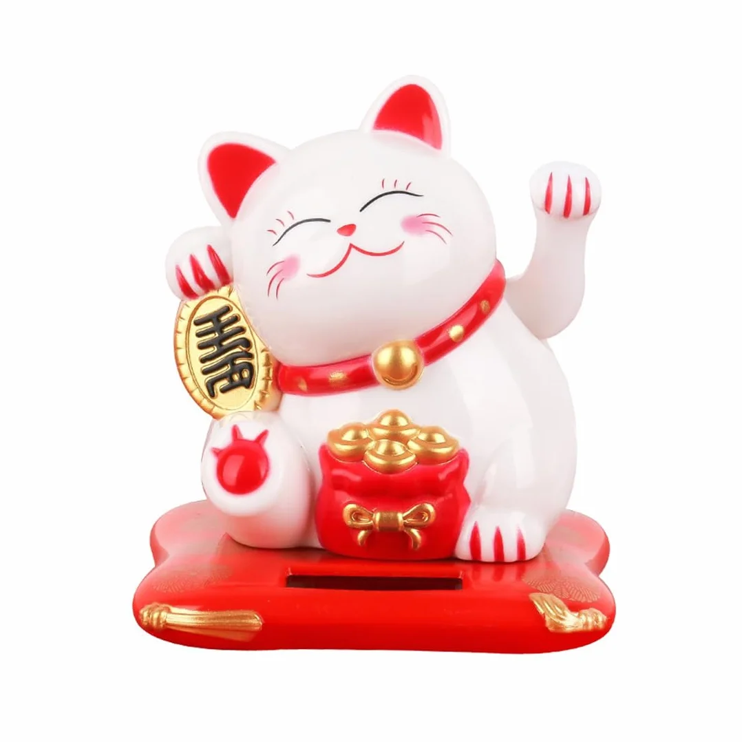 Maneki Neko Lucky Cat Gatto Cinese Portafortuna ad Energia Solare Bianco