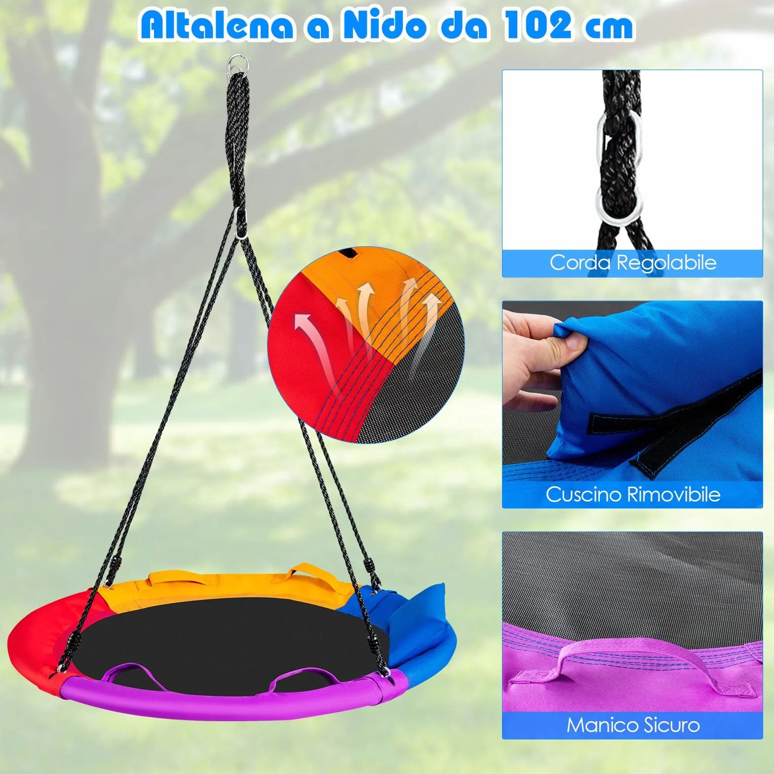 RELAX4LIFE Altalena da Giardino per Bambini, Altalena Rotonda a Nido per Esterno e Interno, Altezza Regolabile 100-160cm, per 2-3 Bambini, Carico massimo: 150kg (Colorato+Cuscino)