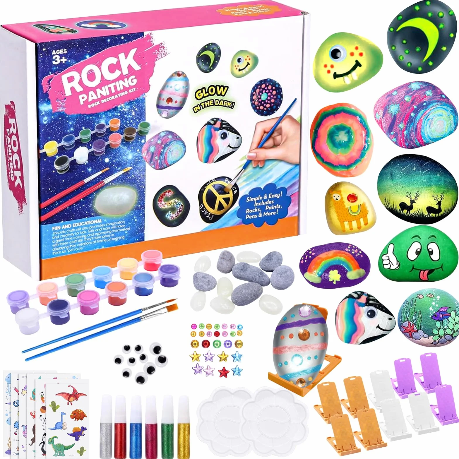 YESLUSY Kit Creativi Pittura di Pietra per Bambini 18 Pigmenti Colori Accessori 3-10 Anni