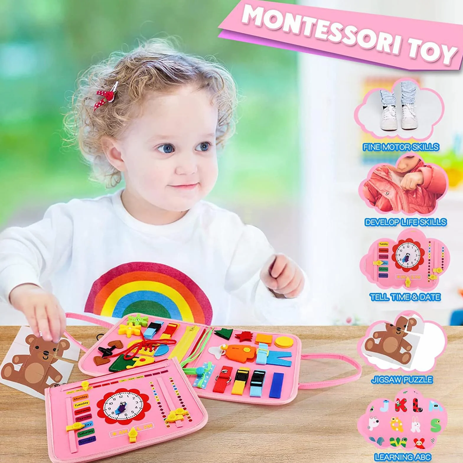 Busy Board Montessori Bambini, Pannello Sensoriale Libro attività di Feltro per Sviluppo Motricità Fine e Cognitivo, Quiet Book Viaggi, Giochi Educativi per Ragazzo Bambina#3