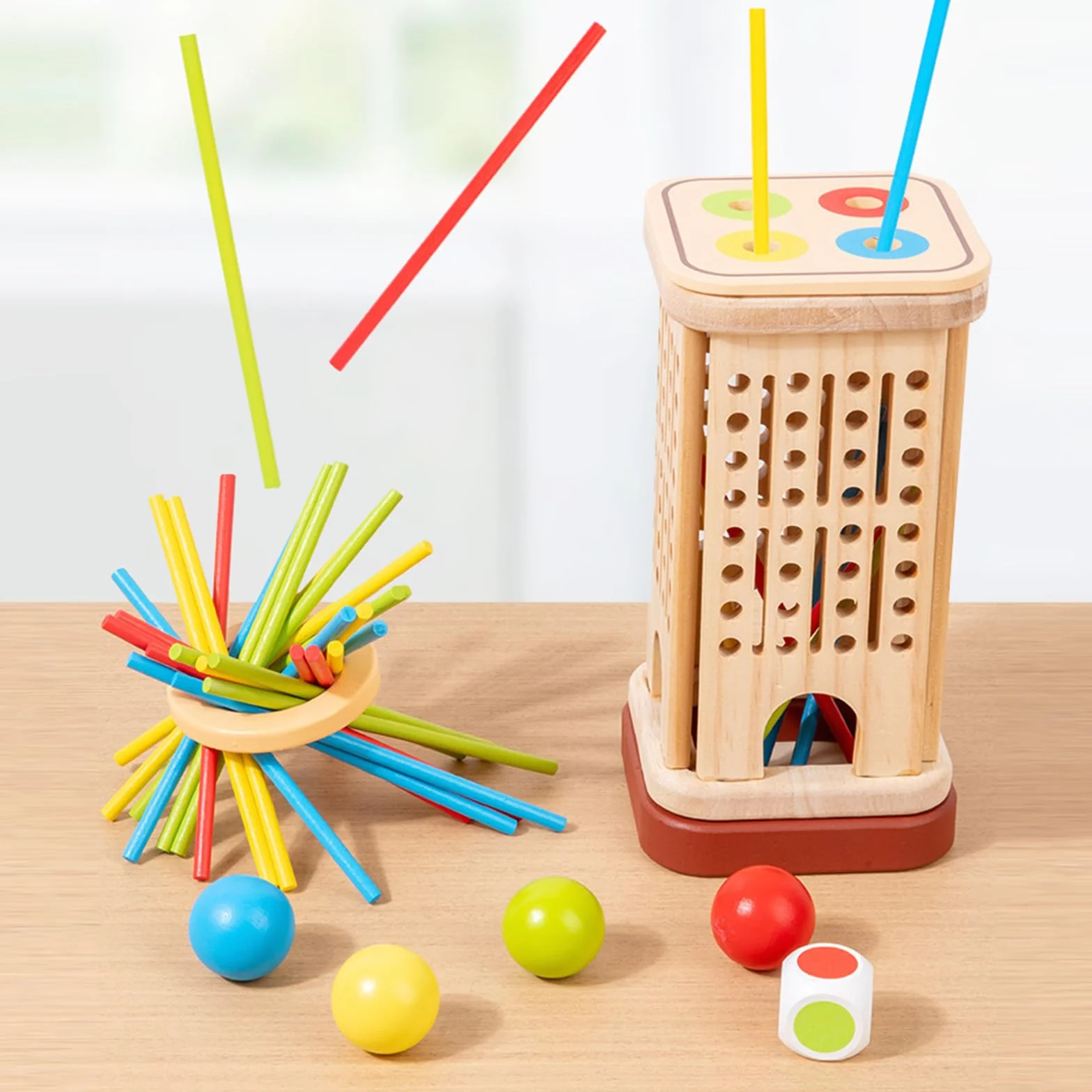 Giochi Montessori per Bambini 3-6 Anni – Gioco da Tavolo in Legno con 32 Bastoncini Colorati, Palla, Dado, Anello e Box – Gioco Educativo di Abilità Motoria, Family Game e Regalo