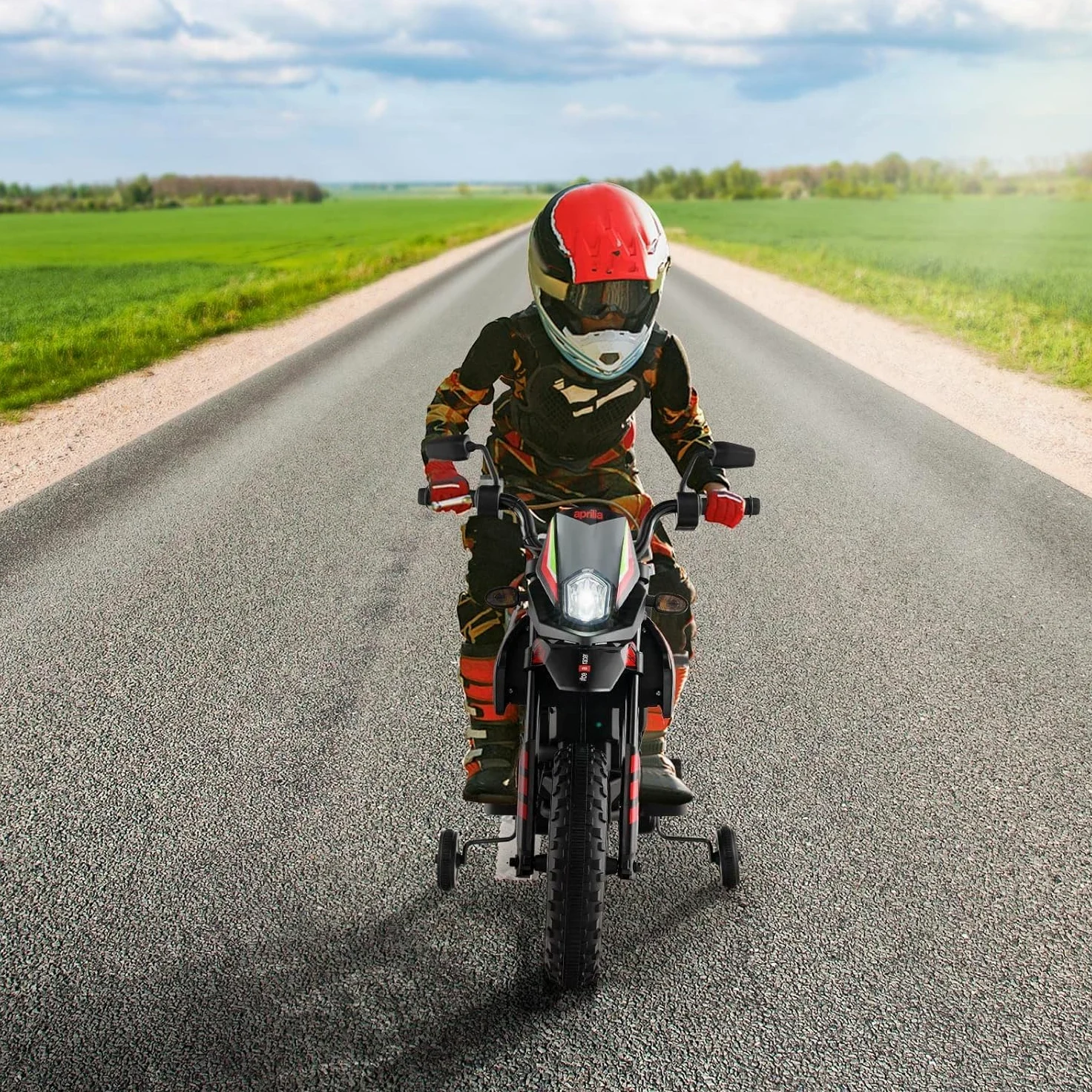 FANTASK APRILIA 12V MOTORE ELETTRICO PER BAMBINI 5.5-6km/h MOTO BAMBINI CON RUOTE DI SUPPORTO & MUSICA & FARI MOTO ROSSA E NERA PER BAMBINI DA 3-8 ANNI ROSSO