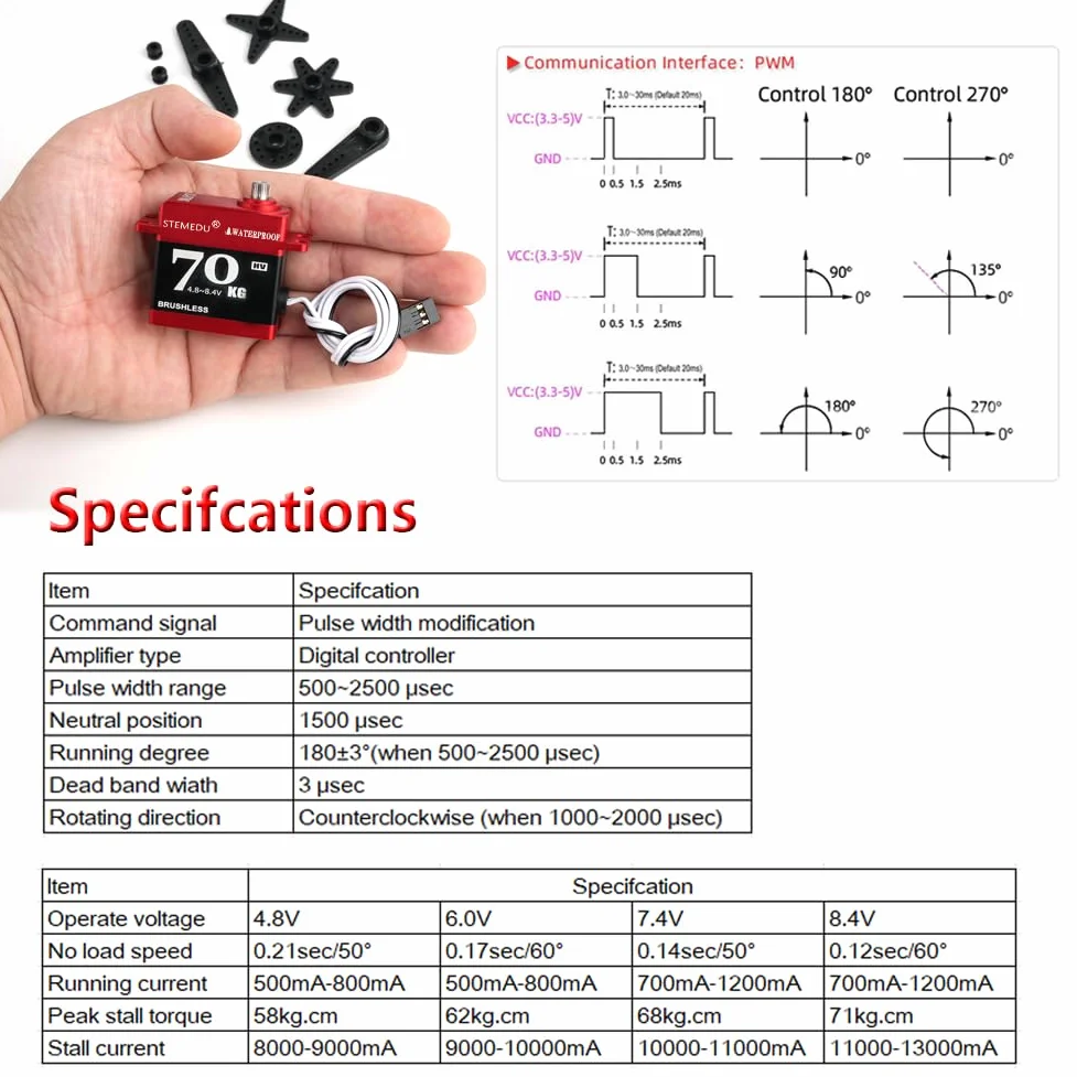 Servomotore digitale RC ad alta coppia 70KG Brushless BLS-HV70MG Servo sterzo ad alta tensione 4.8 ~ 8.4V impermeabile per auto RC 1:8 1:10, angolo di controllo 180 gradi