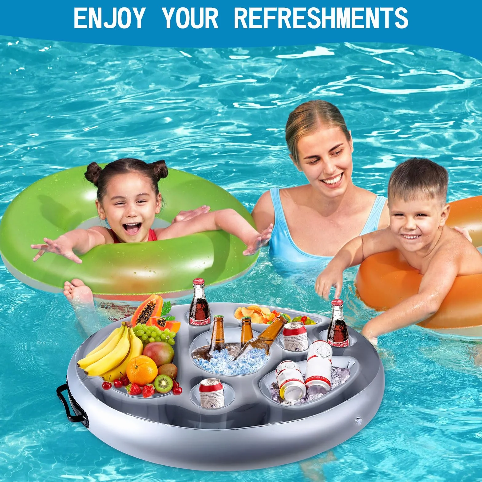 Amzeeniu Portabibite Gonfiabile Portabevande 2-in-1 e Porta Snack Bar Piscina Portabottiglie Galleggiante PVC Portabottiglie Gonfiabile Galleggiante Festa in Piscina Estiva