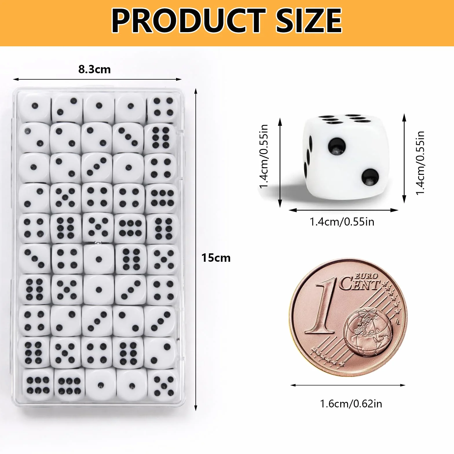 Set di 100 Dadi da Gioco 14mm, Dadi a 6 Facce Standard D6 in Acrilico, Ideale per Giochi da Tavolo e Didattica Matematica, Include 2 Scatole Contenitore Trasparenti (Bianco)