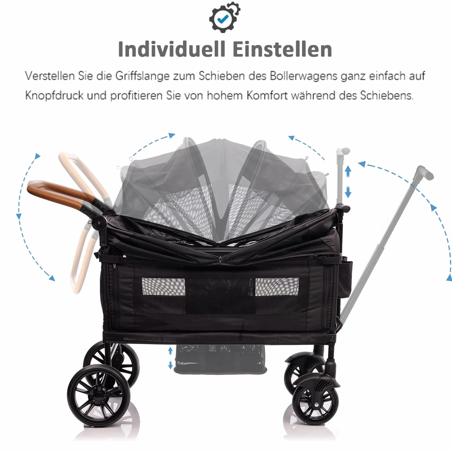 vickey Carrello pieghevole con tetto, 2 bambini, 150 kg, carrello cargo, pieghevole, con manico scorrevole, Duo, resistente agli urti, ruote in poliuretano con freni, portabevande, 100 l, nero