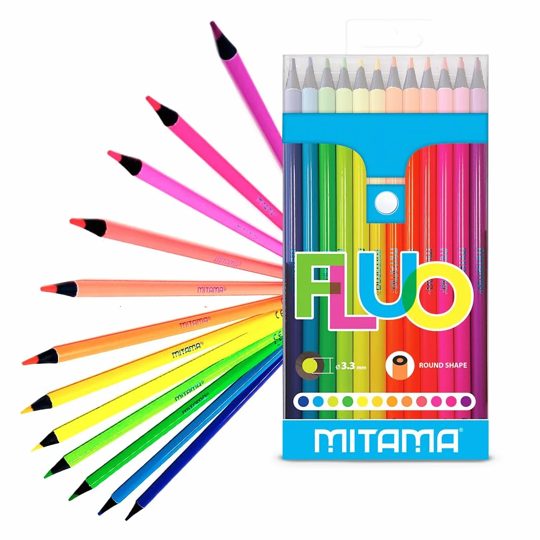 MITAMA - Pastelli Fluo - Confezione da 12 - Pastelli laccati Fluo - Mina con Tratto Grande 3,3 mm - Ideali per disegnare, evidenziare - Colori Scuola - Astuccio Scuola
