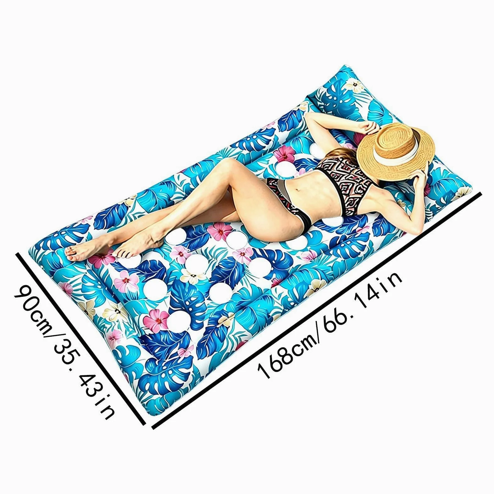 Lettino gonfiabile da piscina con stampa di foglie tropicali | Poltrona gonfiabile da piscina con poggiatesta in PVC, adatta per donne, bambini, prendere il sole, sport acquatici e vacanze