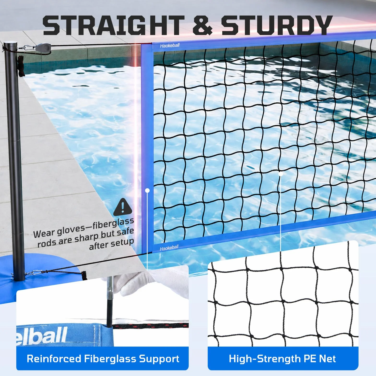 Haokelball Rete da pallavolo da piscina con luce, set da pallavolo da 4,5 a 9,5 m, lunghezza regolabile, rete da pallavolo per piscina con base ponderata, 2 palline da pallavolo Glow e pompa per