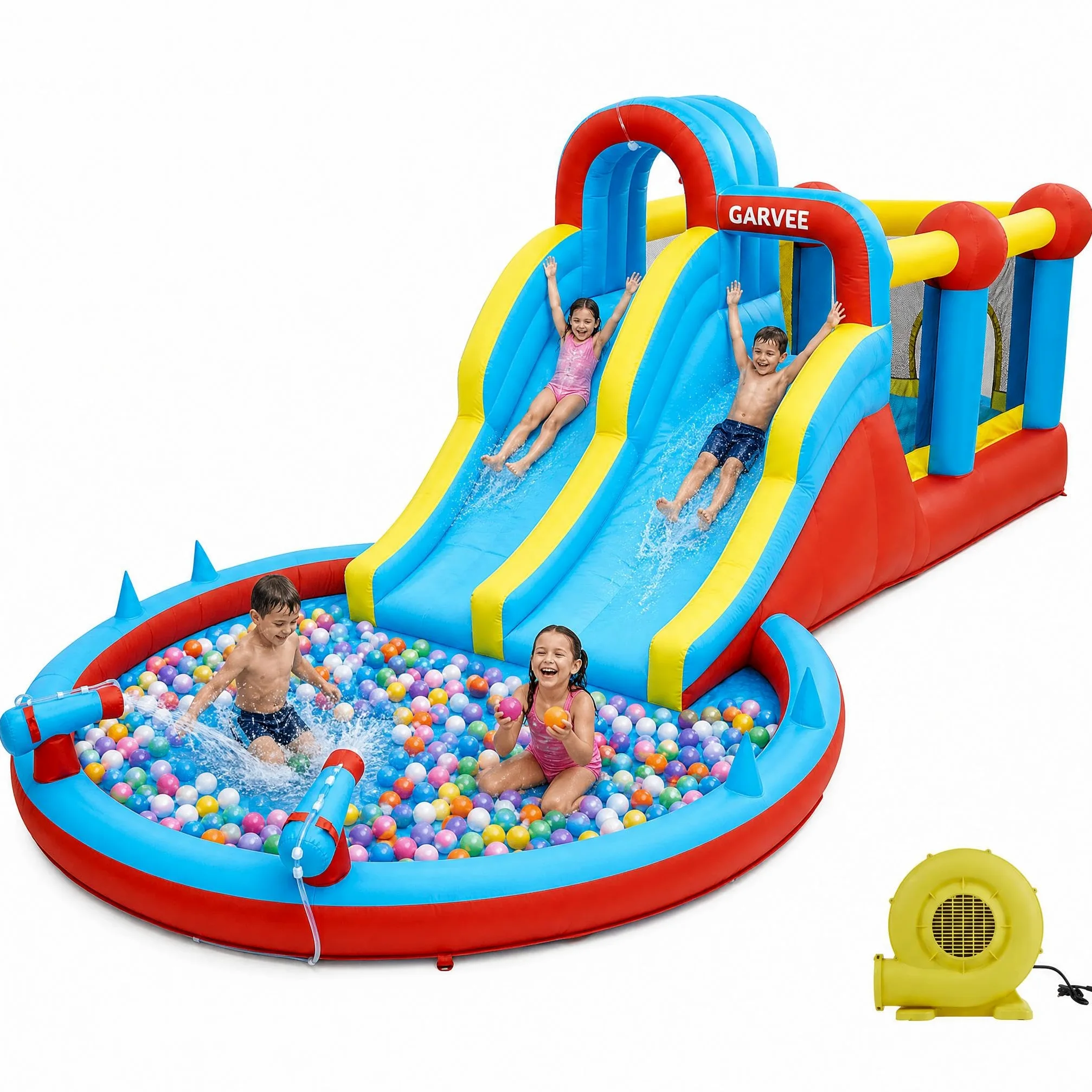 Castello Gonfiabile XXL 8-in-1 per Bambini – Doppio Scivolo d’Acqua, Piscina Grandezza, Arrampicata, Cannoni e Giochi ad Anello, Blower 550W, Oxford Resistente, Interni/Esterni – 26001