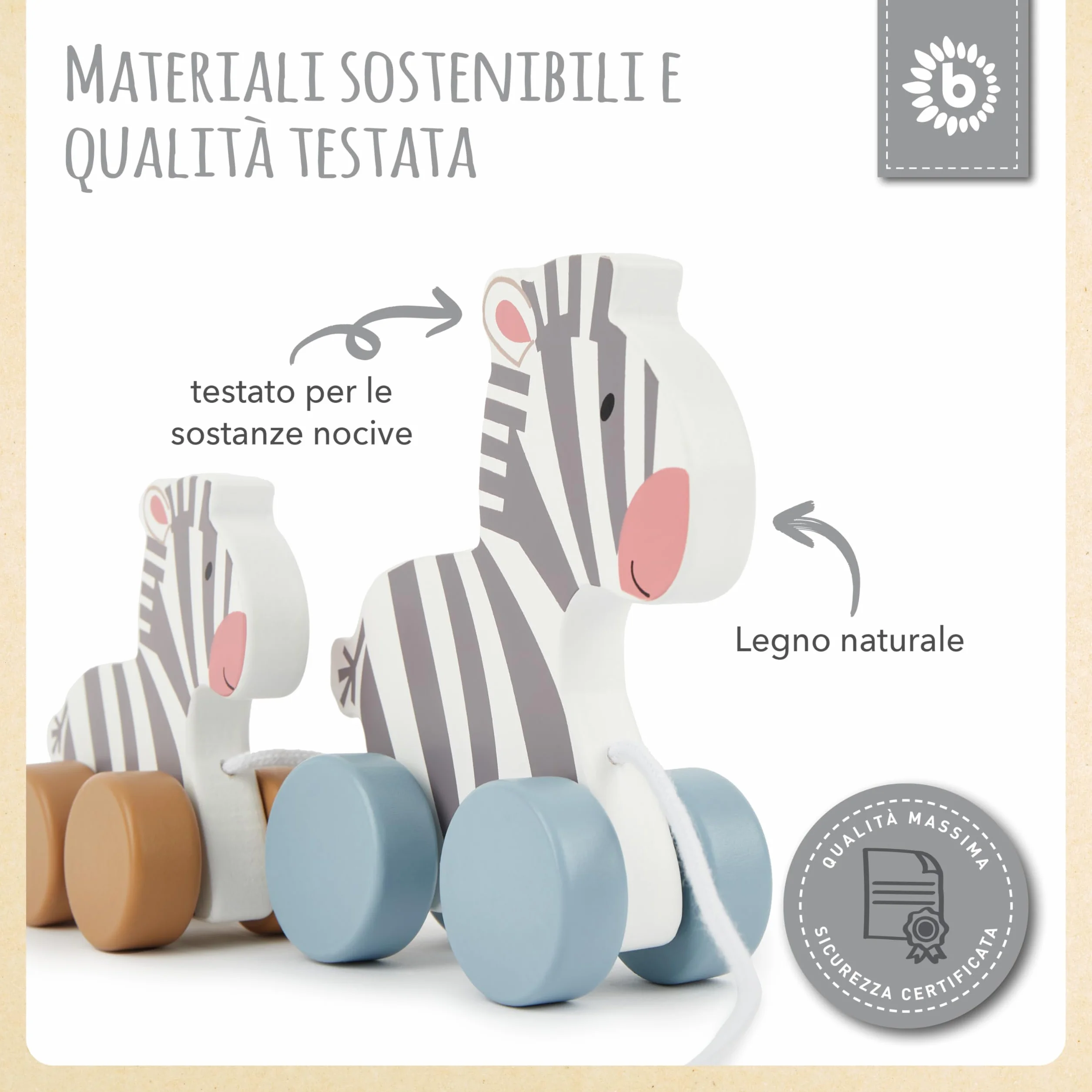 Bieco Giocattolo da Tirare in Legno - Carino Animale Zebra per Bambino a partire da 1 anno - Famiglia zebra