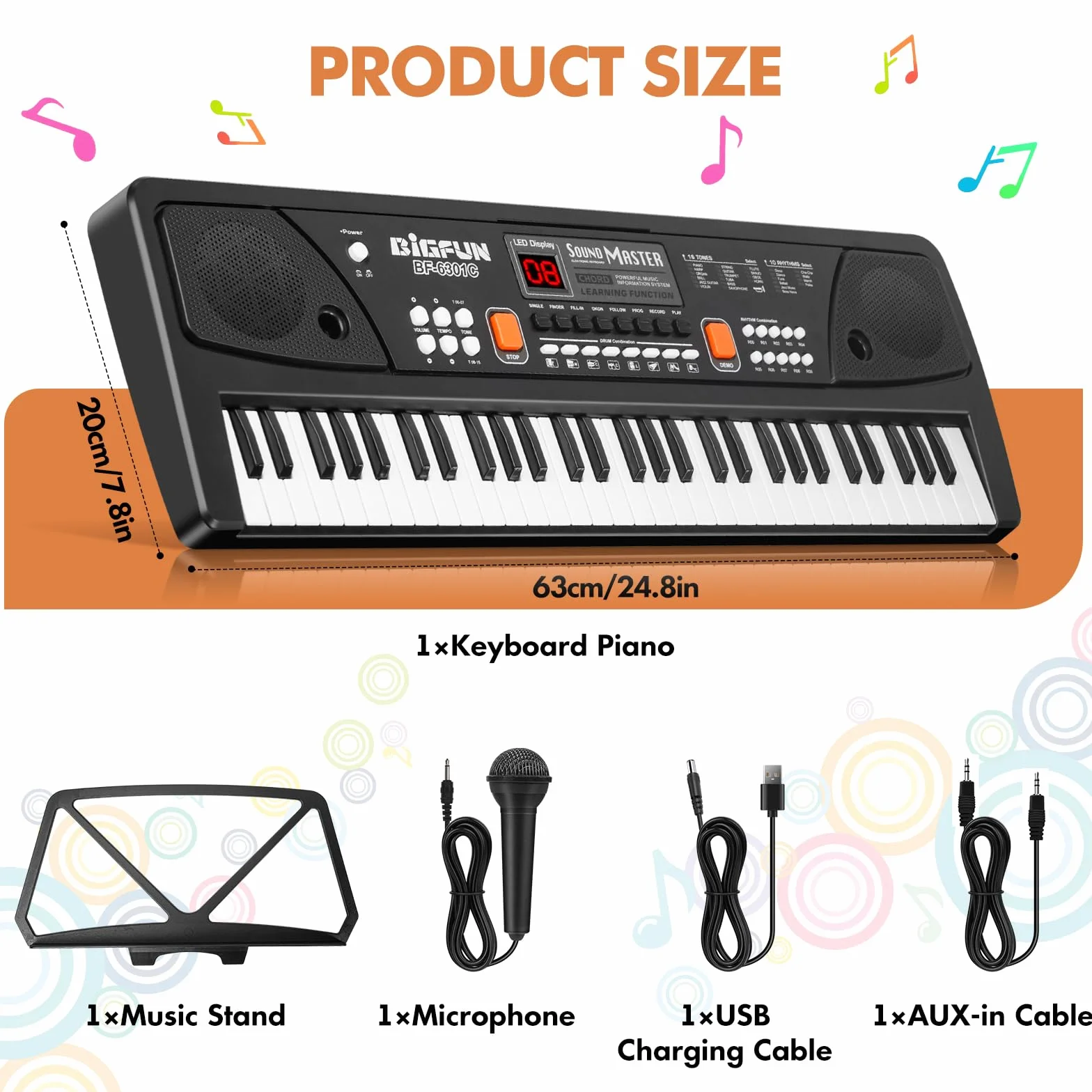 Tastiera Pianoforte per Bambini - 61 Tasti Portatile Giocattolo Pianola Tastiera Musicale Elettrica Piano con Microfono, Regalo 3 4 5 6 7 8 9 Anni, Nero