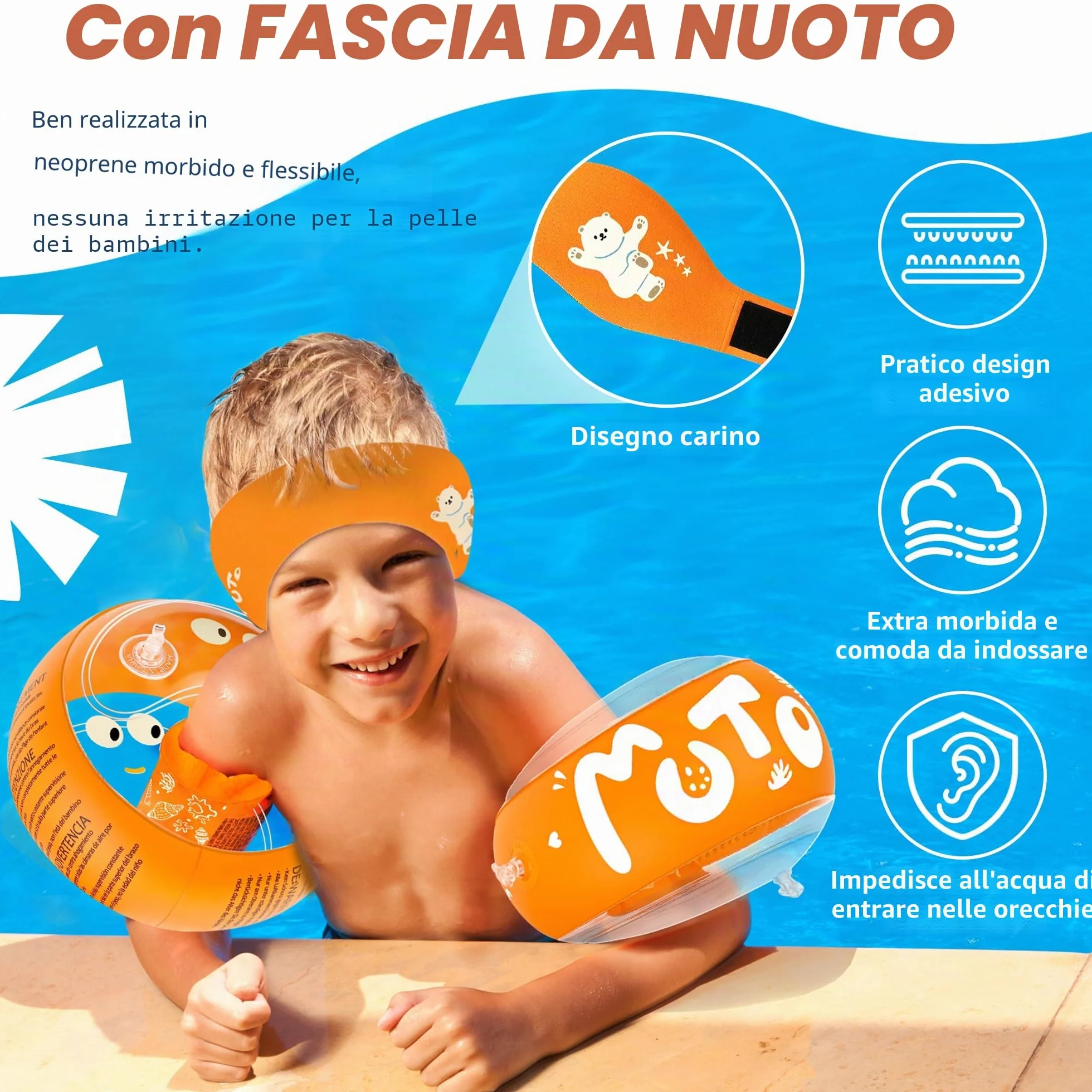 Braccioli Bambini con Fascia Protettiva per Orecchie, Braccioli di Sicurezza per Bambini 1-6 Anni, 3 Camere D'aria Indipendenti, Design Trasparente, Braccioli Gonfiabile per Piscina, Spiaggia