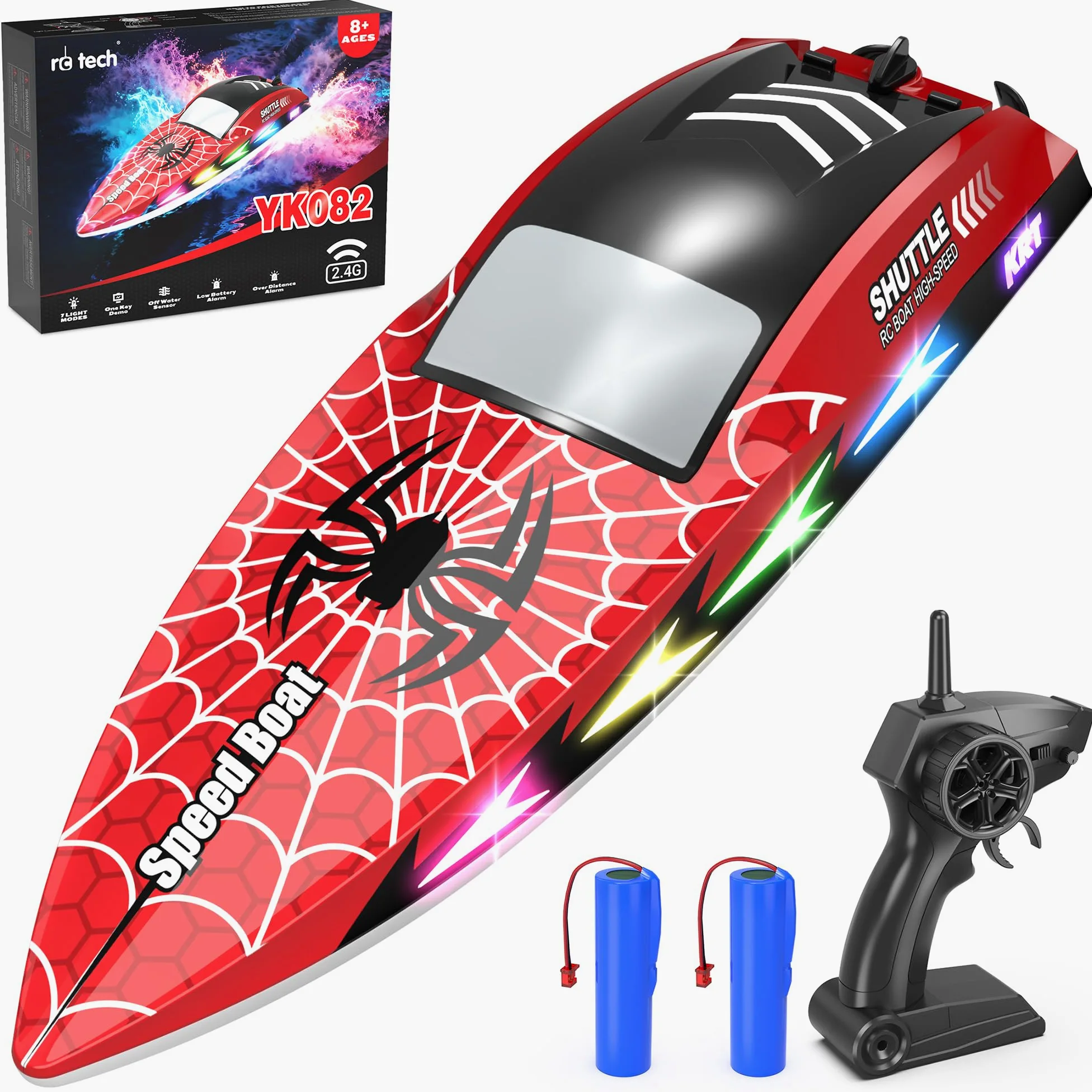 Barca telecomandata con 7 modalità di illuminazione, barca RC 20 km/h, con modalità One Click | Barche da corsa da 2,4 GHz con 2 batterie, 40 minuti di gioco, graffiti, piscine e laghi, regalo per bambini dai 8 anni in su