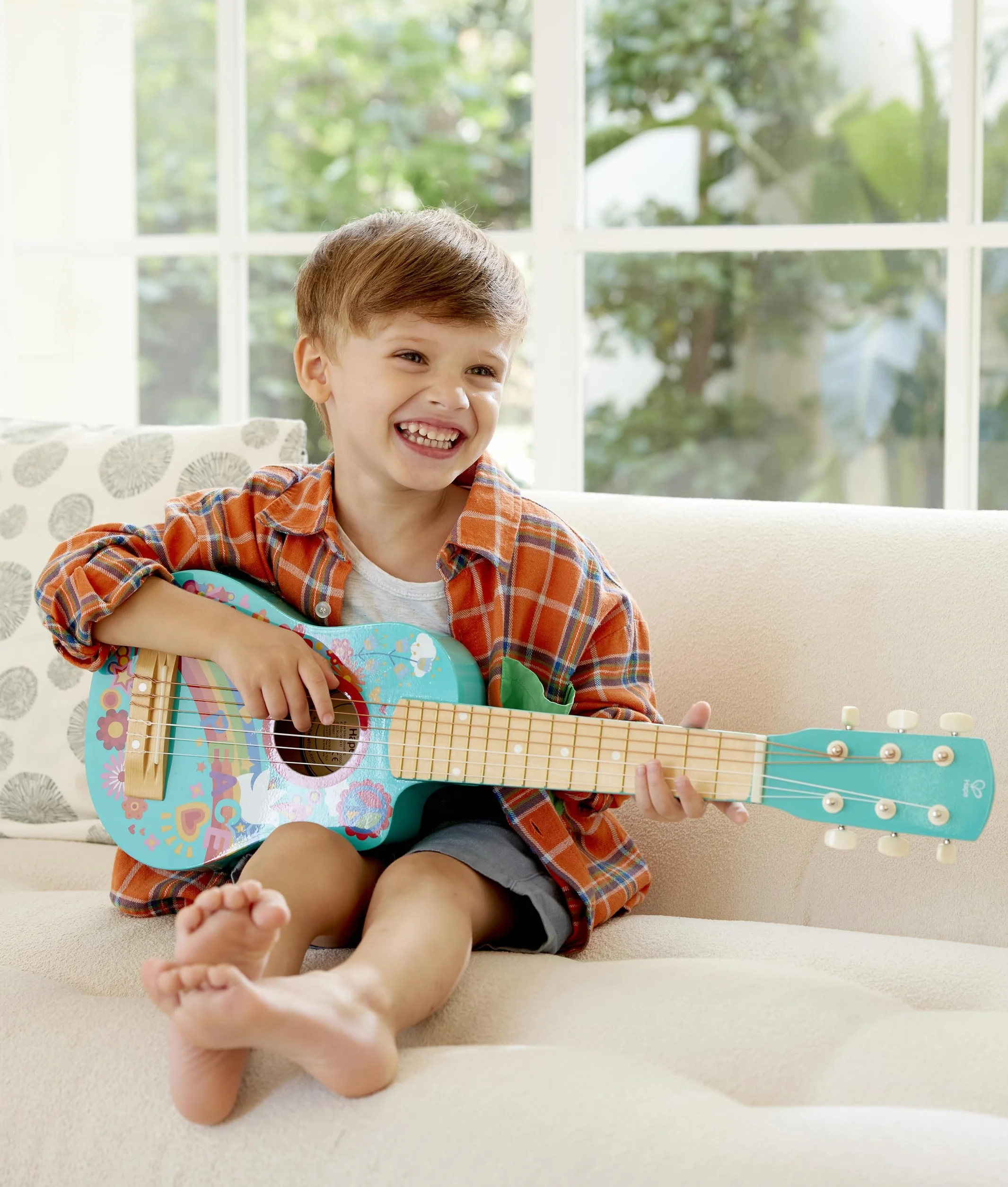Hape Chitarra Figli dei Fiori Blu Strumento Giocattolo Legno Decorazioni Flower Power 3+ Anni