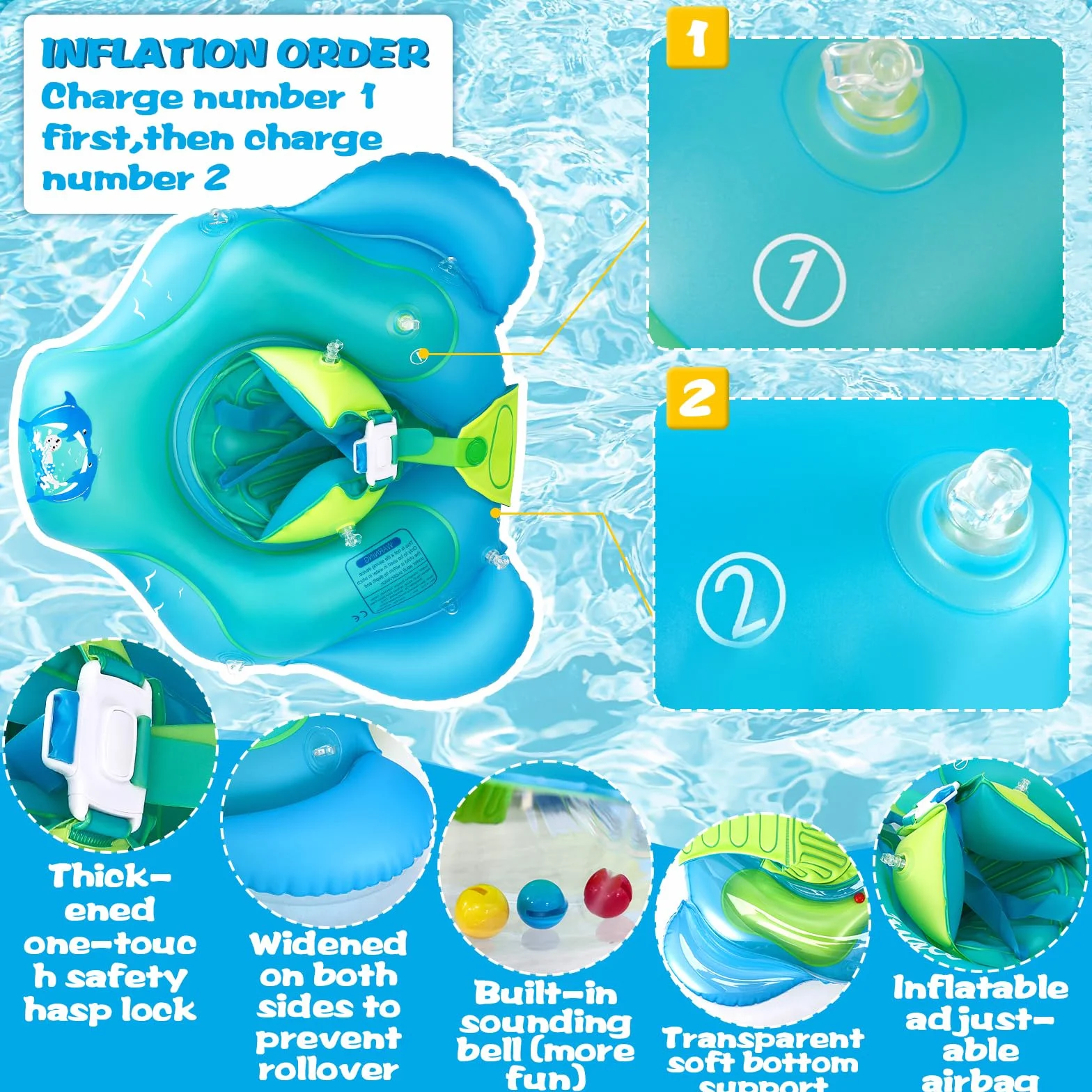 Salvagente Neonato con Parasole, Salvagente Gonfiabile per Bambini, Salvagent Gonfiabile per Piscina Regolabile Doppio Airbag Anello, Anello di Nuoto per Bambini per Bambini da 6 a 36 Mesi