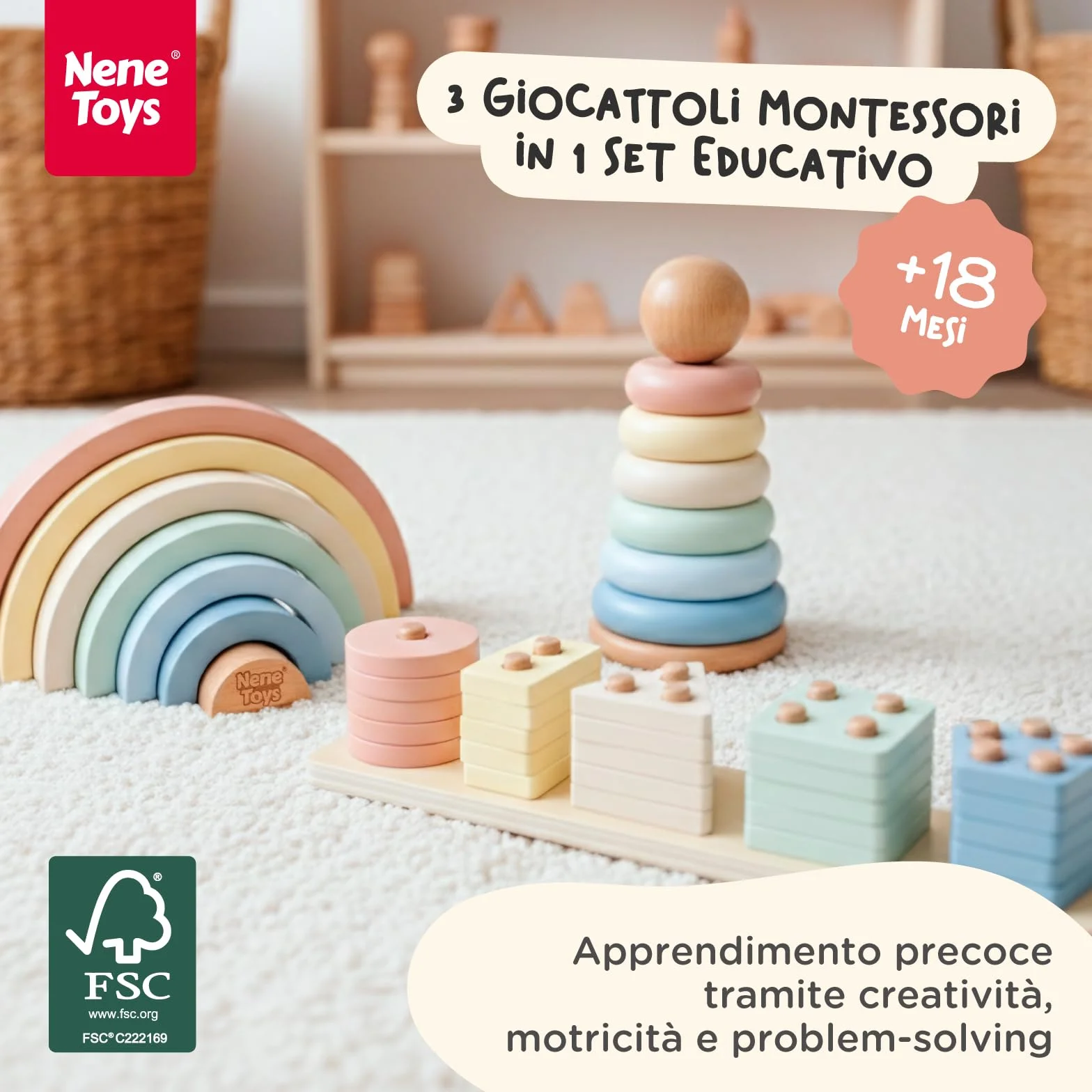 Nene Toys Giocattolo Montessori in Legno 3-in-1 per Bambini 1 Anno – Arcobaleno in Legno, Torre da Impilare & Gioco di Incastro – Gioco Educativo 1–3 Anni – Idea Regalo Bimba Bimbo – Colori Pastello