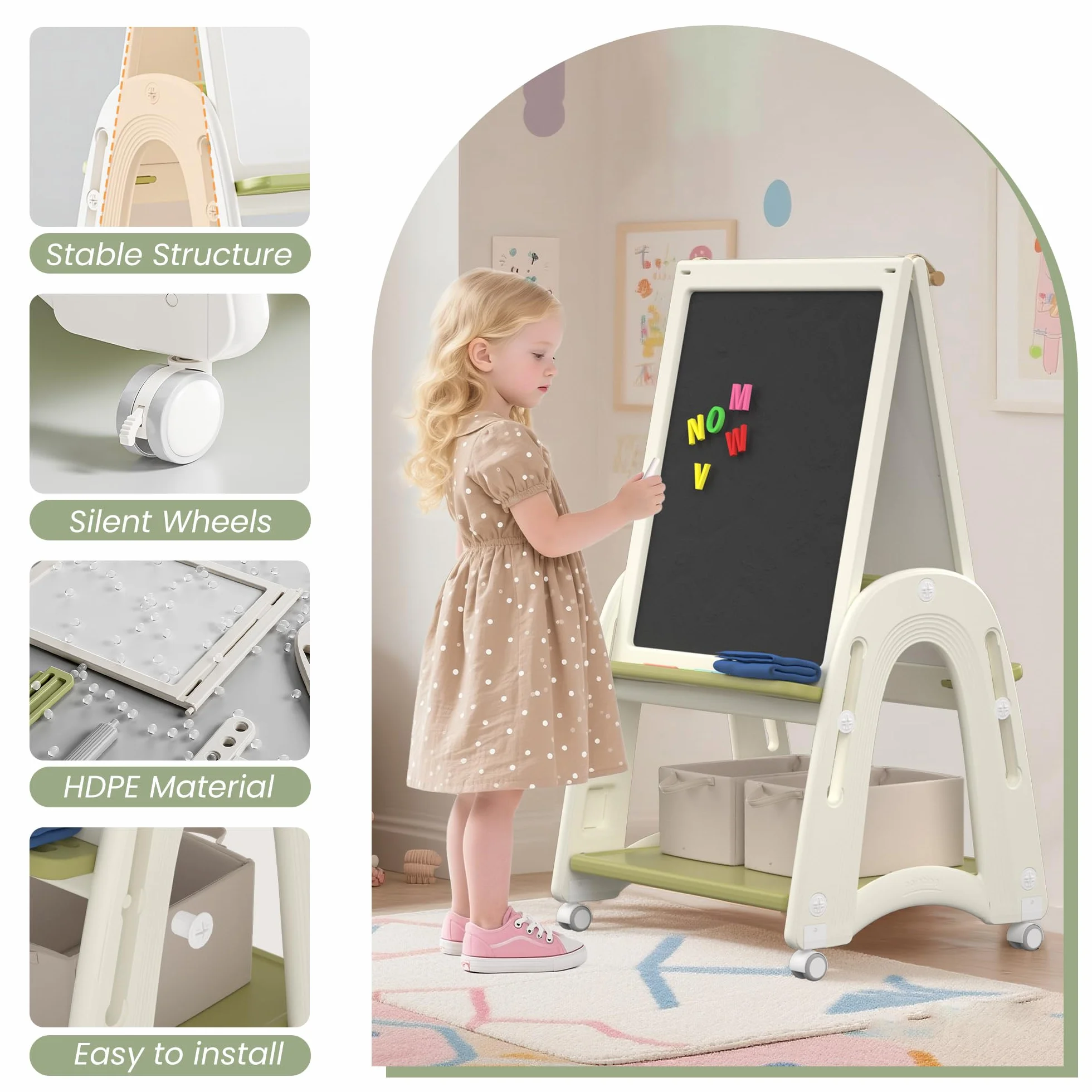 Lavagna per Bambini 3 in 1 Cavalletto con Rotolo Carta Doppia Lato Bianco e Nero Altezza Regolabile Verde