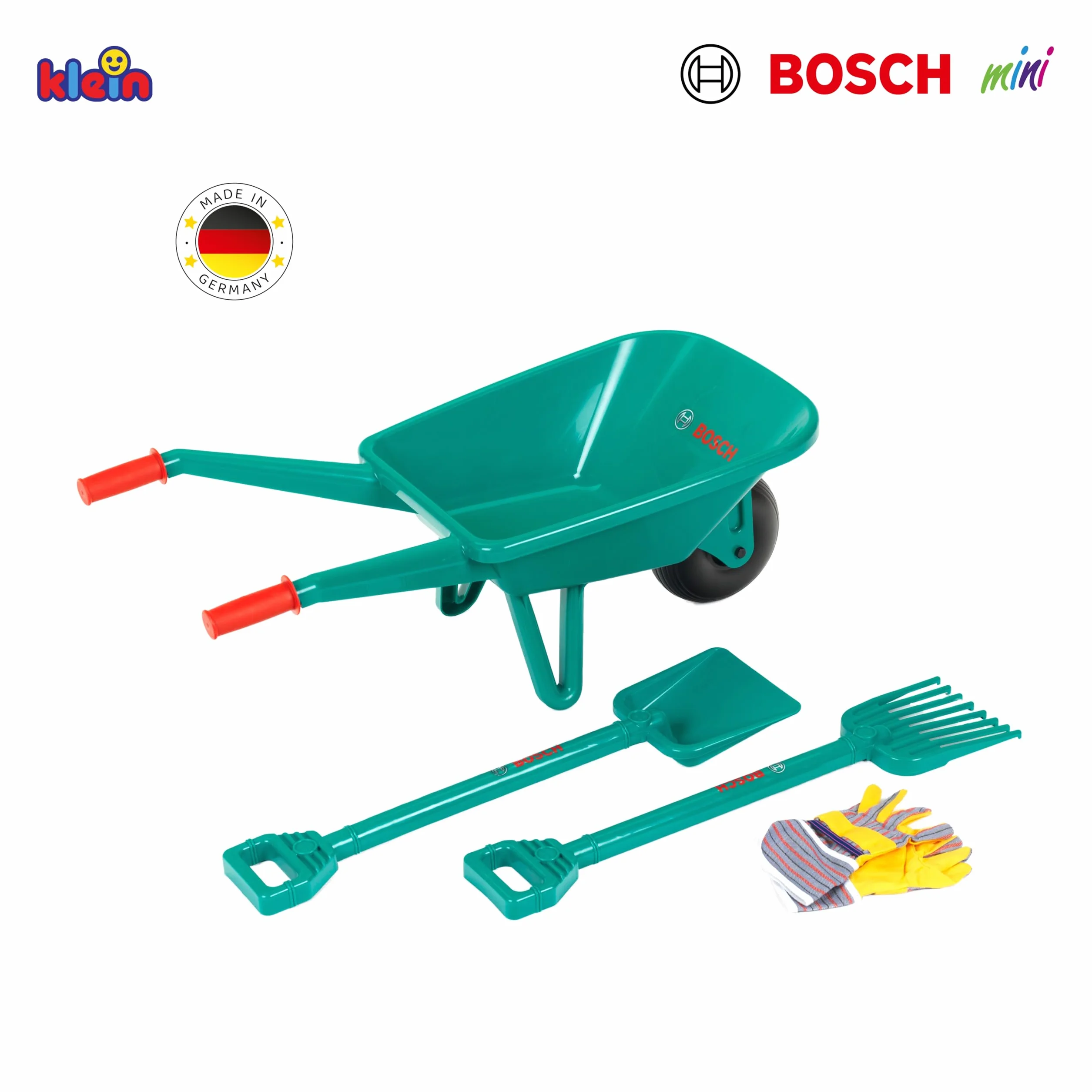 Theo Klein Bosch 2660 - Set da giardino con carriola, con pala, rastrello e guanti da lavoro, dimensioni: 70,5 cm x 34 cm x 33 cm, giocattolo per bambini dai 3 anni in su
