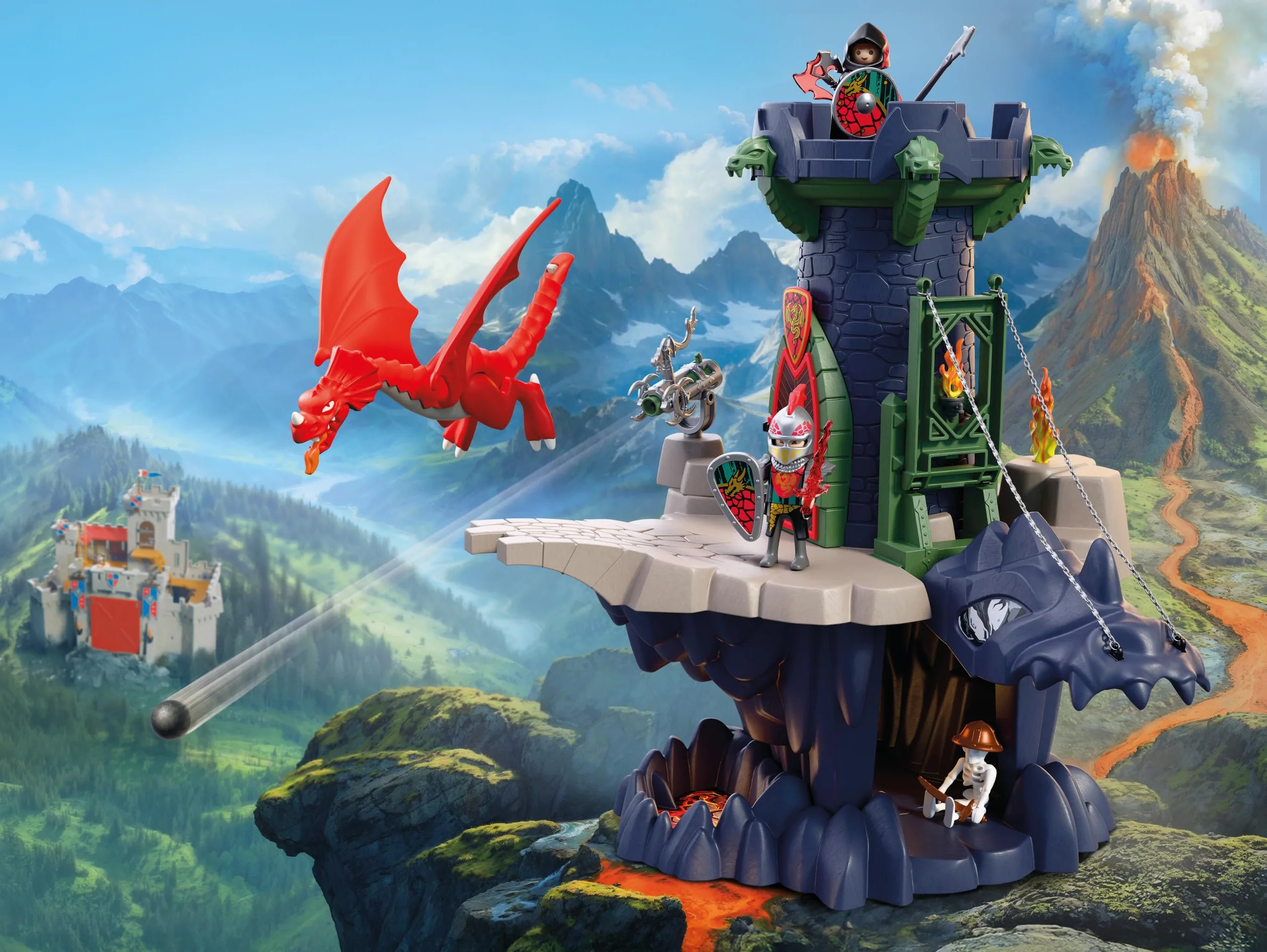 PLAYMOBIL | Cavalieri | Torre del Cavaliere del Drago | Torre con drago, ponte levatoio e grotta a forma di testa di drago | Giocattolo castello per bambini dai 4 anni in su | 72113