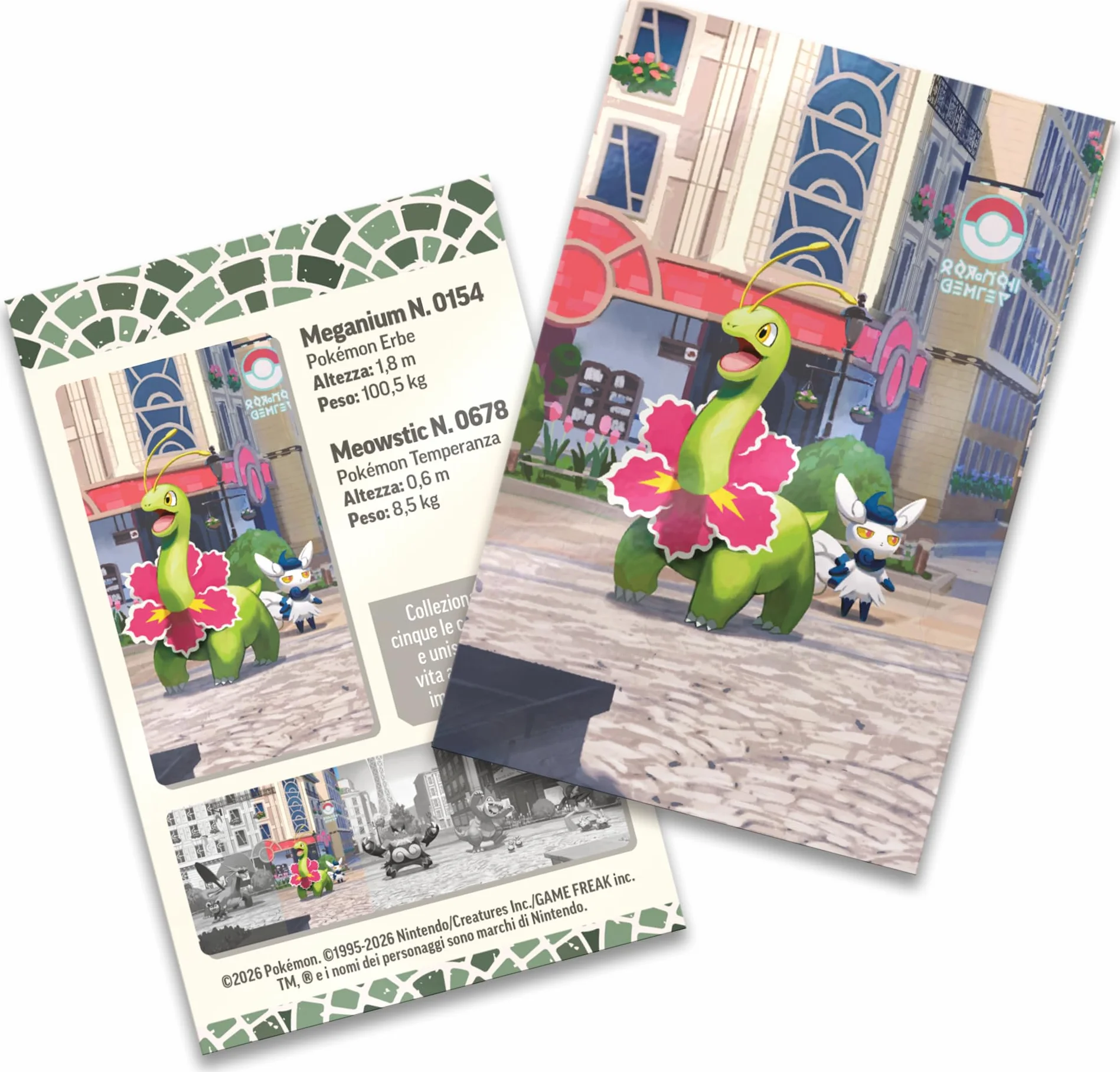 Pokémon: miniscatola da collezione Luminopoli (Meganium e Meowstic) del GCC Pokémon (2 buste di espansione, 1 carta con l’illustrazione Pokémon della miniscatola e 1 foglio di adesivi), Ed. Italiano