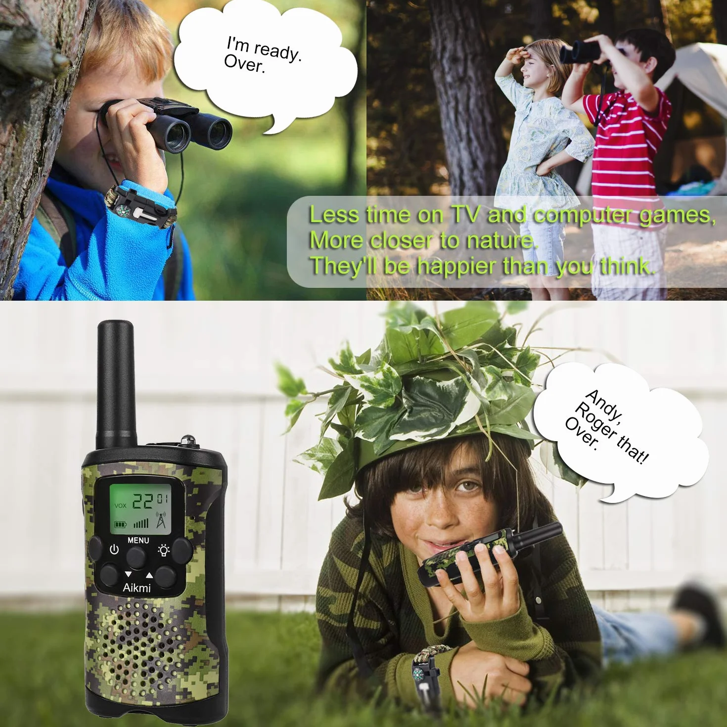 Walkie Talkie Bambini 8 Canali Radio Torcia LCD Campeggio Regalo Ragazzi 4-12 Anni Mimetico Verde