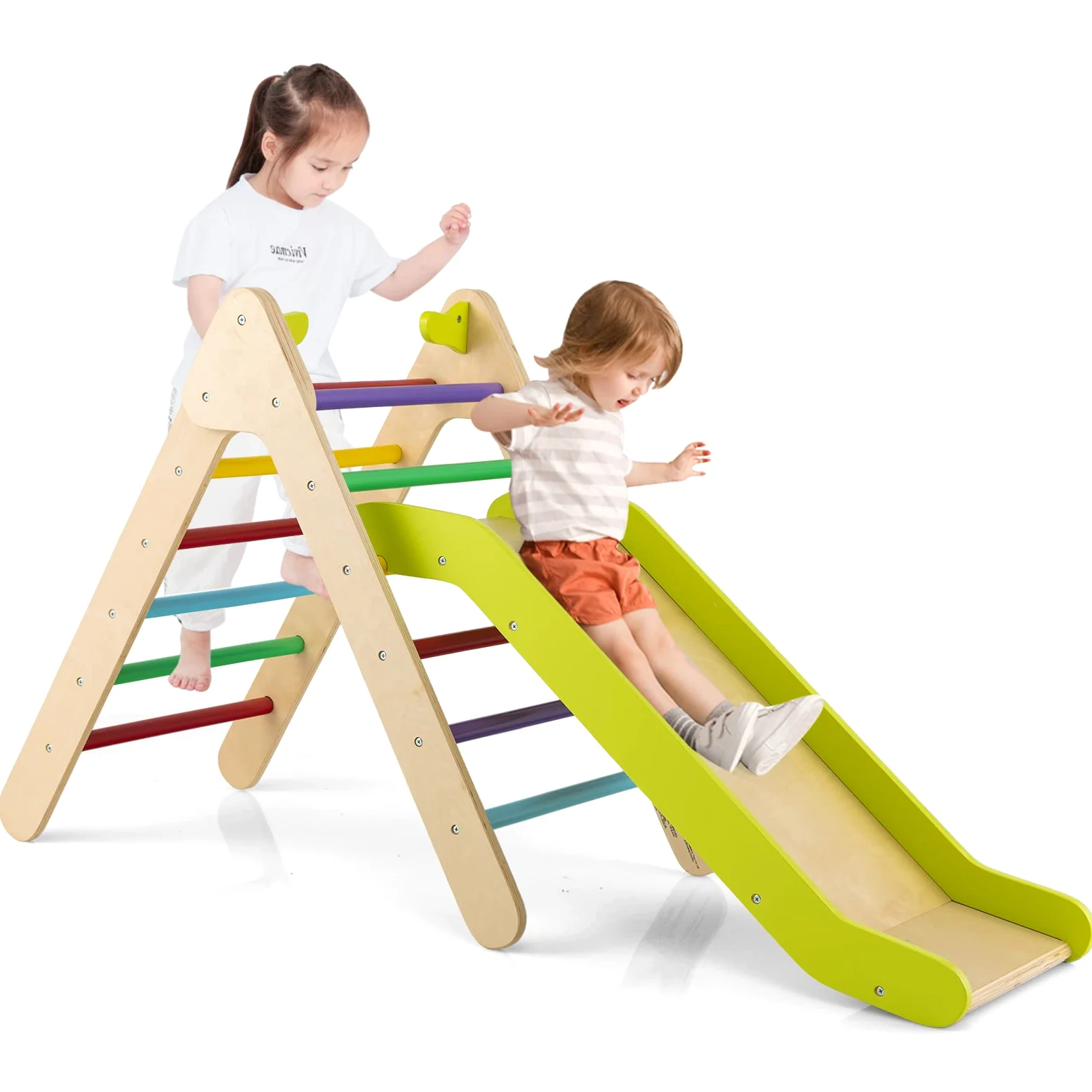 COSTWAY 2 in 1 Set da Arrampicata con Scivolo per Bambini, Triangolo di Arrampicata in Legno Regolabile a Gradi, Giocattolo per Arrampicarsi all’Interno, 1 Anno+ (Colorato)