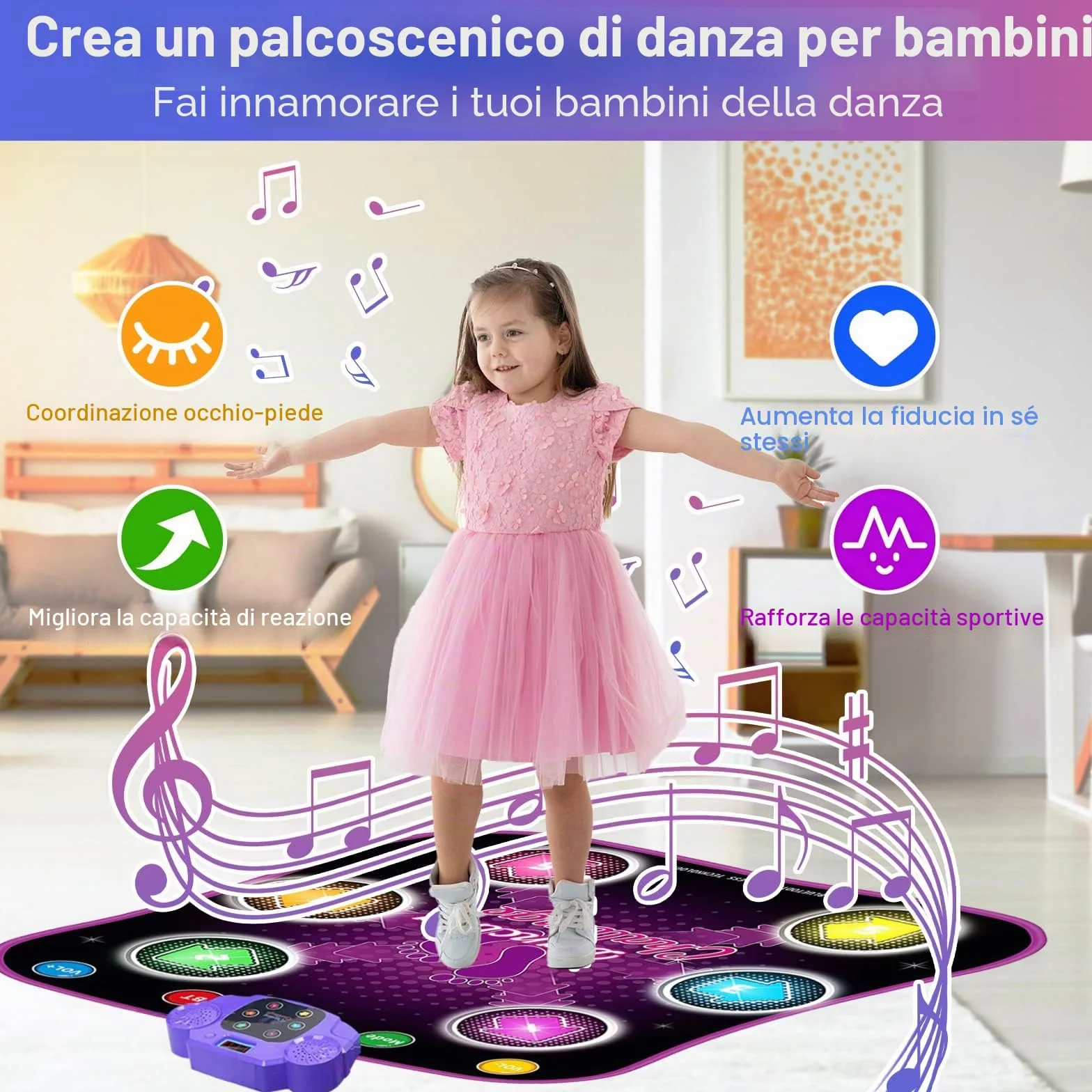 Bambini Tappetino da Ballo Bluetooth con 6 Luci Frecce, Elettronico Musica Dance Mat Volume Regolabile 3-8+ Anni Regalo Natale