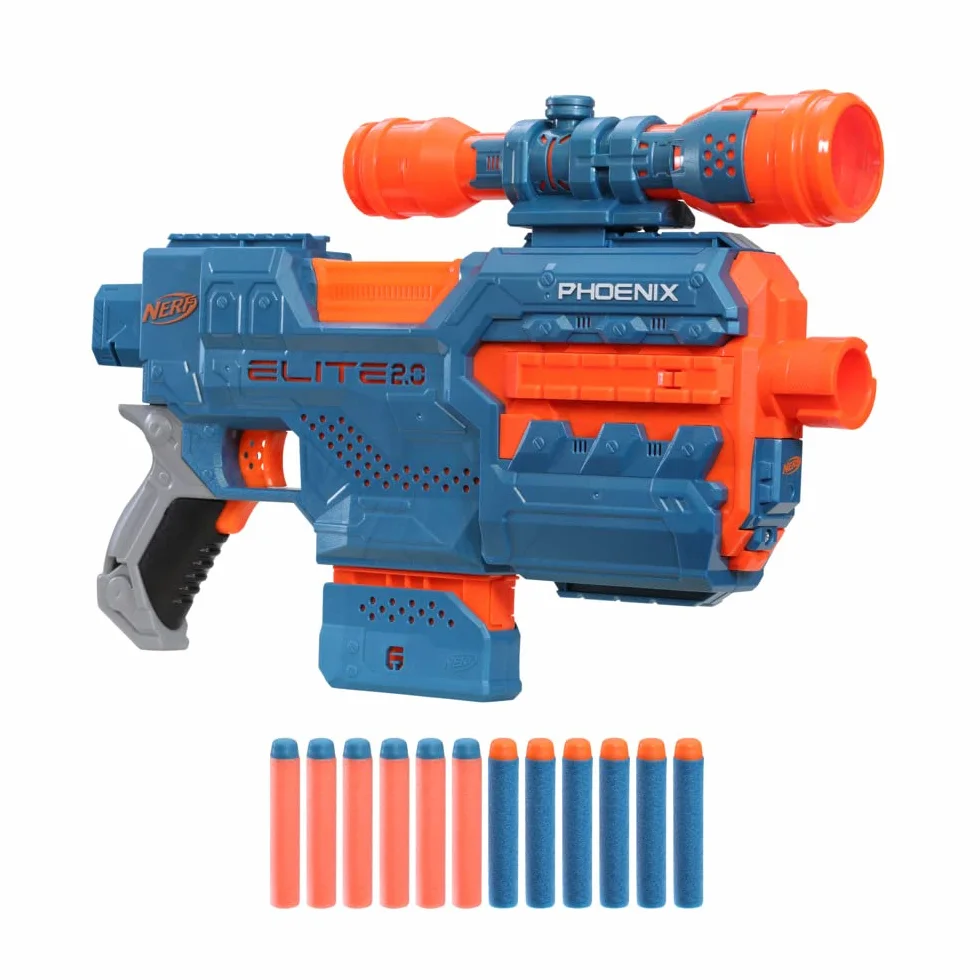Hasbro Nerf Elite 2.0, Phoenix CS 6, Blaster Giocattolo, Per Bambini e Bambine da 8 Anni in Su, Con Mirino e Caricatore, Include 12 Dardi Nerf Elite Ufficiali, Blu e Arancione