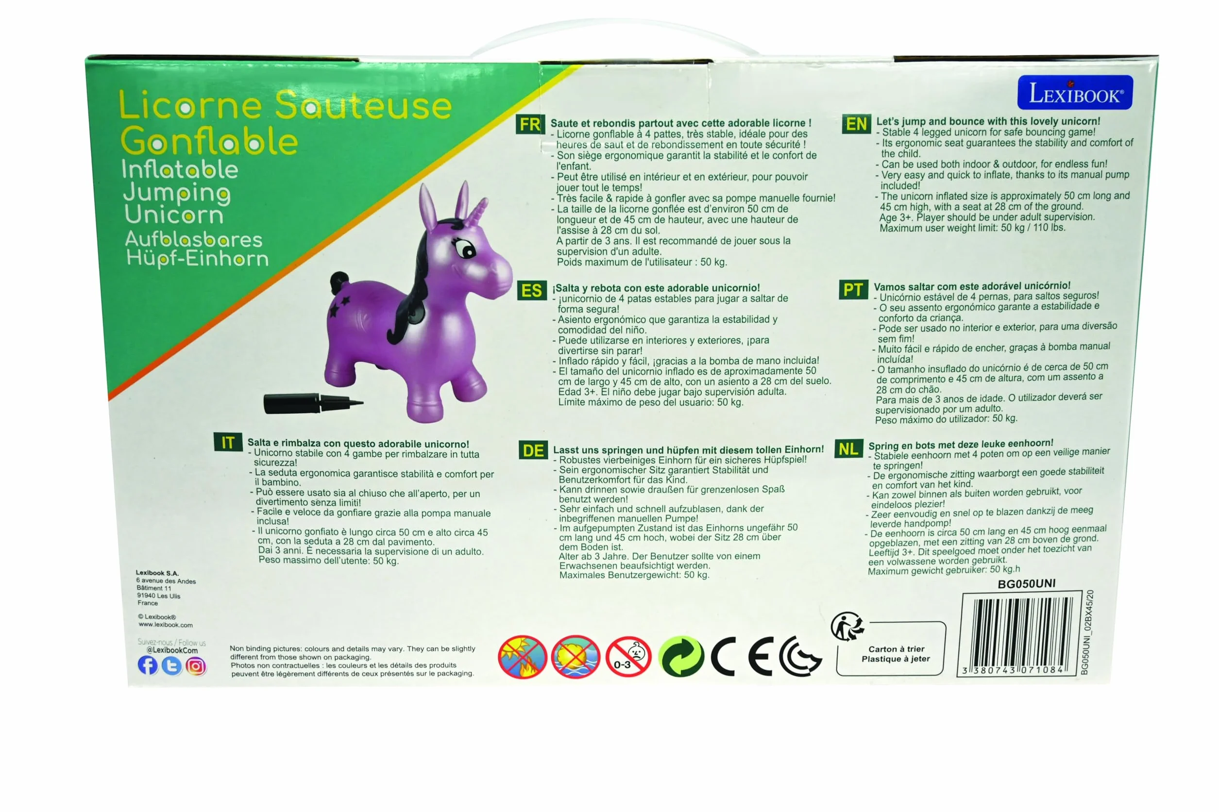 Lexibook Unicorno da Salto Gonfiabile, per Uso Interno ed Esterno, per Lo Sviluppo dell'equilibrio e delle capacità motorie, Pompa Manuale Inclusa, Plastica sicura e Durevole, Rosa, BG050UNILXB