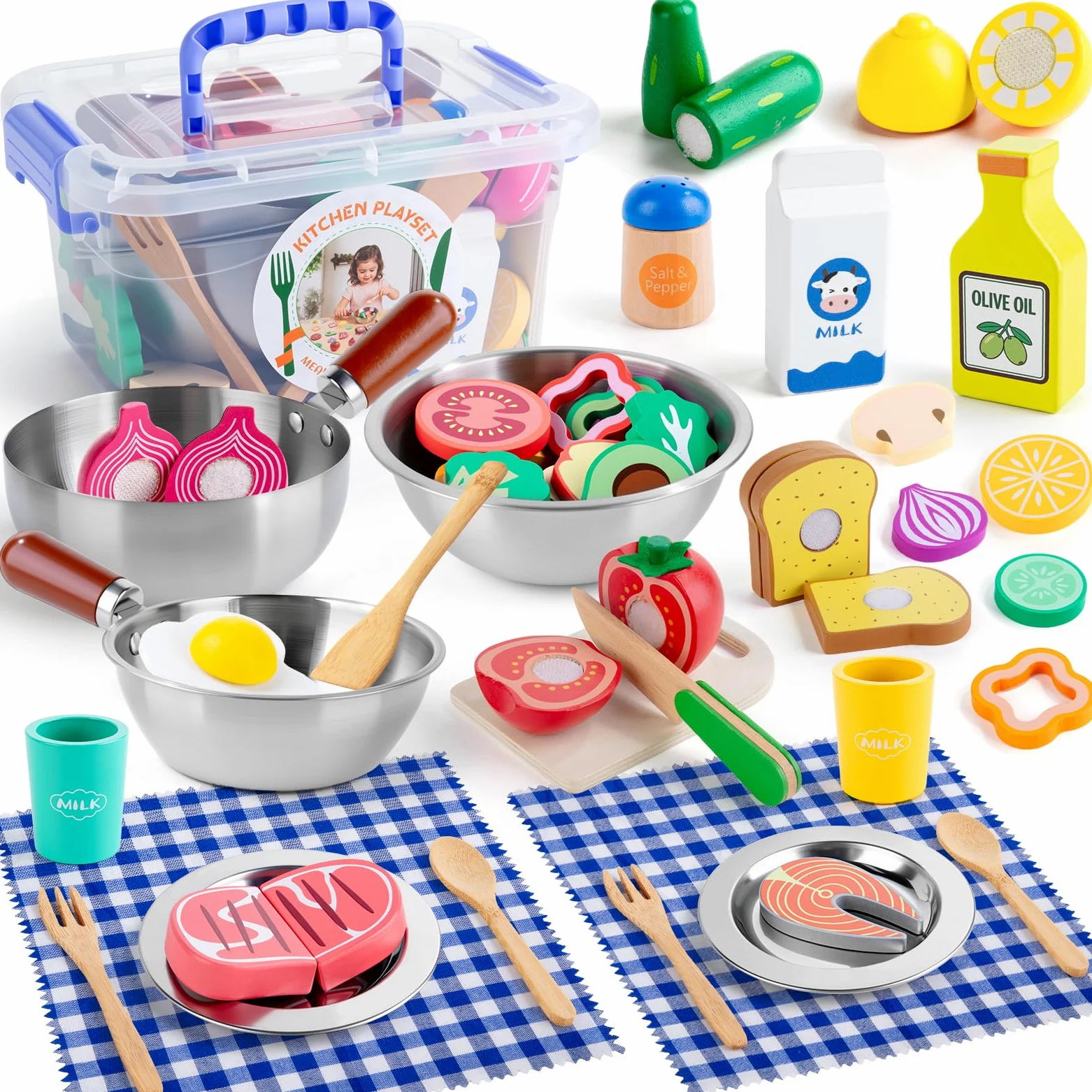 SEMKOTREE Cucina Giocattolo per Bambini, Accessori Cucina Bambini Legno Set Utensili Cucina, Insalatiera Pentole Acciaio Inox, Giochi Bambina Gioco Montessori, Regalo Bimba Bimbo 3 4 5 6 Anni