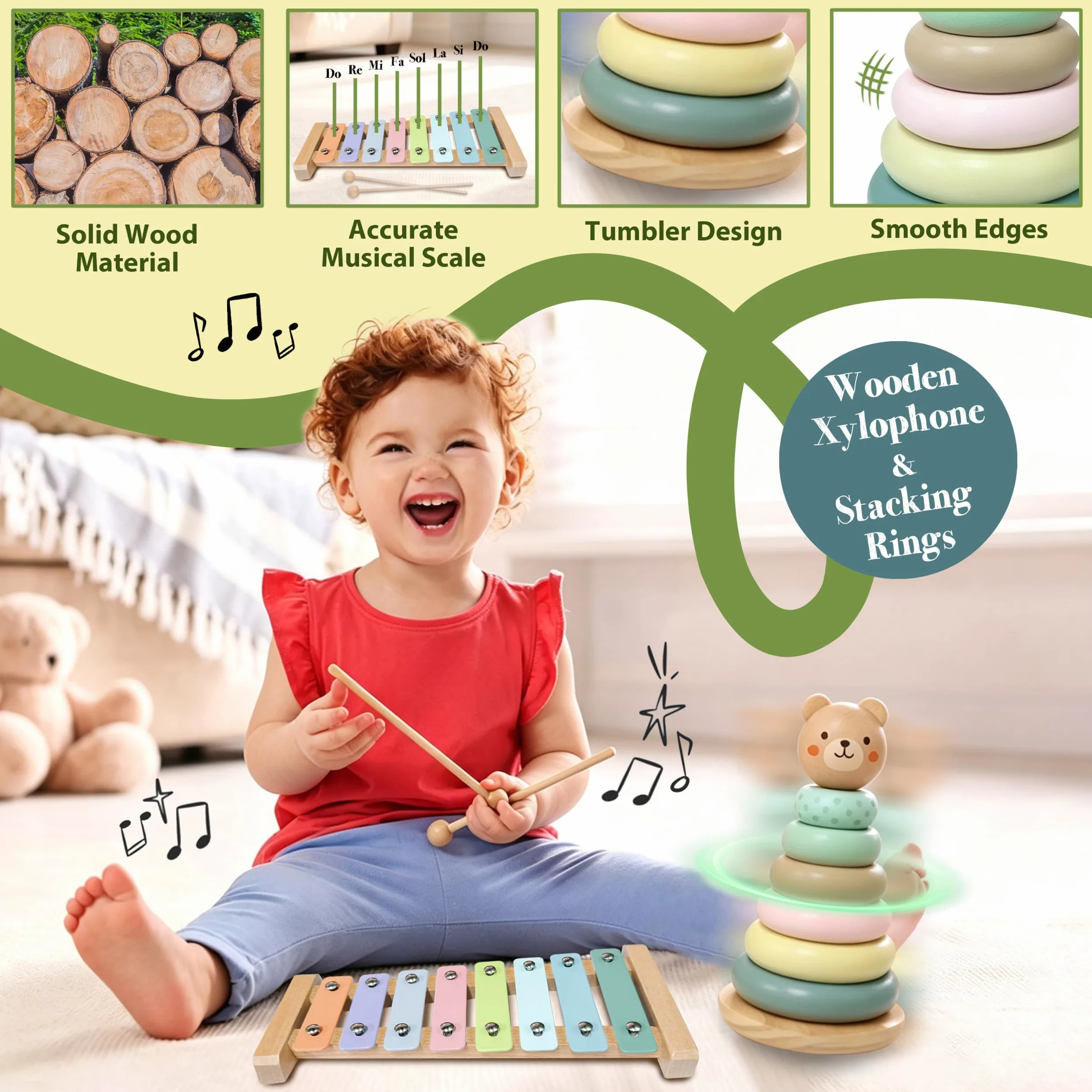 Montessori - Giocattolo per bambini 6 mesi, 6 in 1, giocattolo Montessori per bambini dai 6, 9 e 12 mesi, con scatola per fazzoletti, xilofono, anelli impilabili in legno, giocattolo in