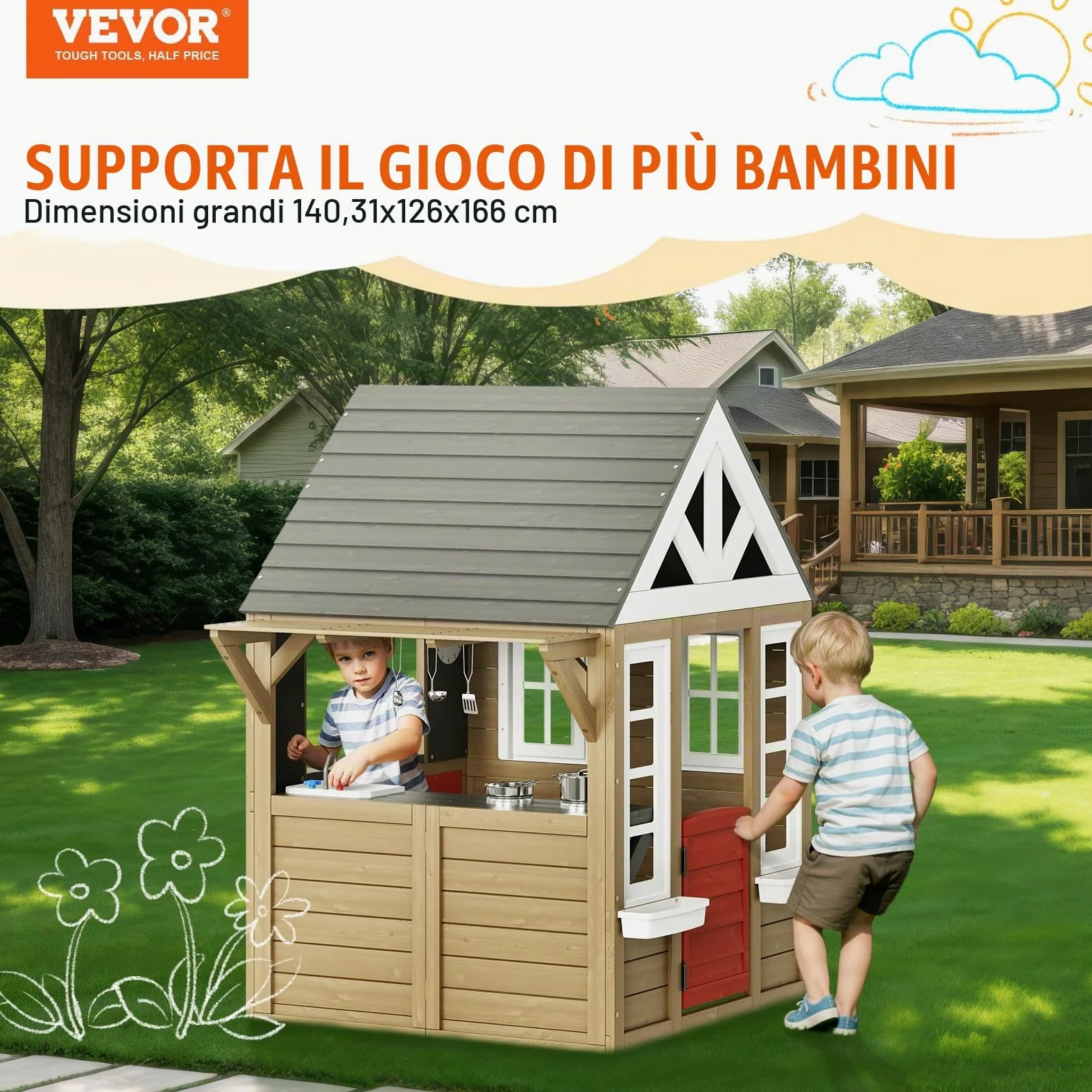VEVOR Casetta da Gioco per Bambini da Esterno in Legno, Casetta da Giardino per Bambini, Casetta Gioco da Cortile con Porta, Finestra, Supporto per Vaso di Fiori, Griglia, Fornello e Lavello