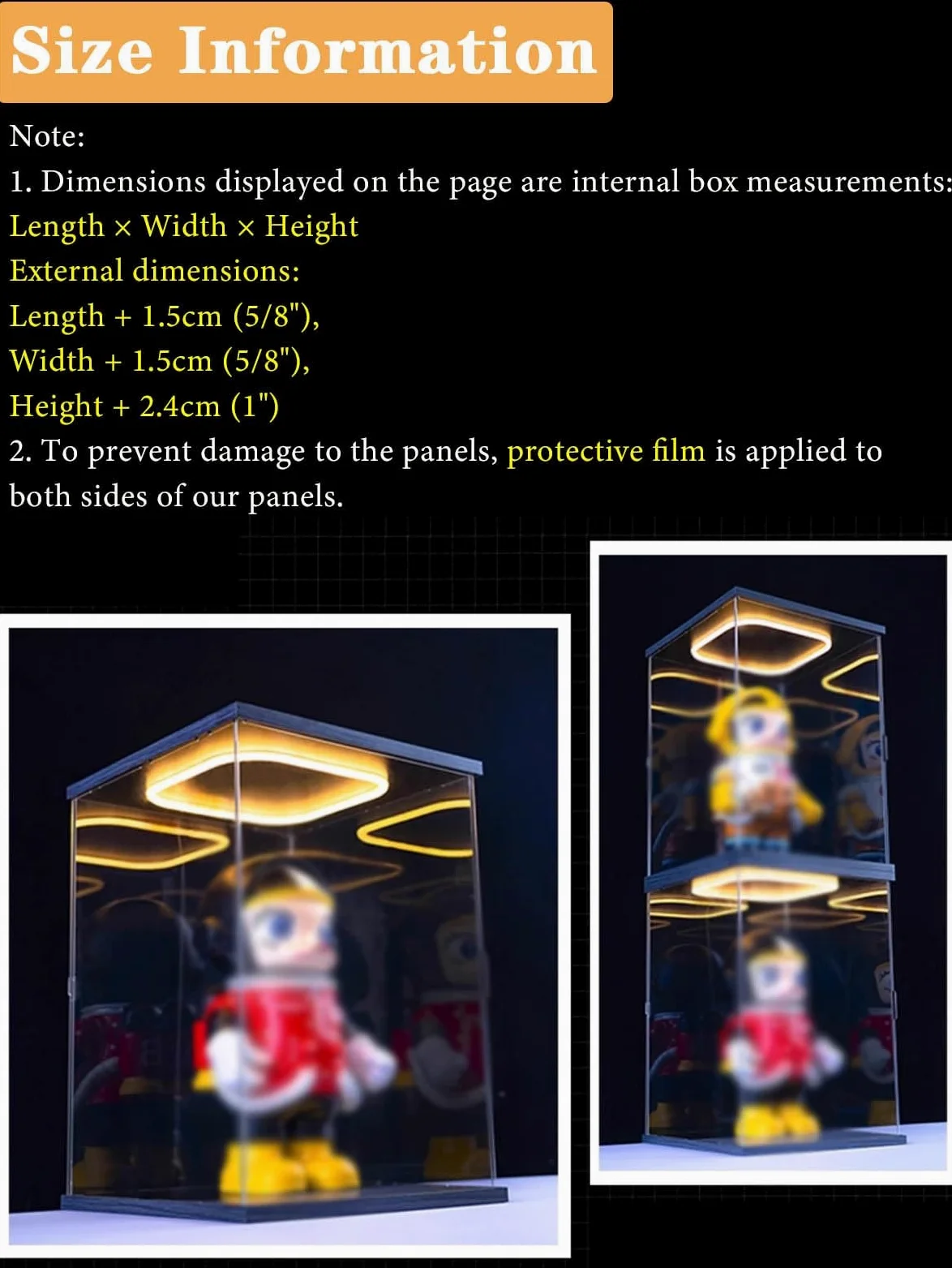 Vetrinetta Espositiva Vetrina con Illuminazione a LED per Action Figure, Contenitori Rettangolari In Acrilico per Giocattoli, Scatola Trasparente Impilabile e Antipolvere(35x15x25cm(14"x6"x10"))