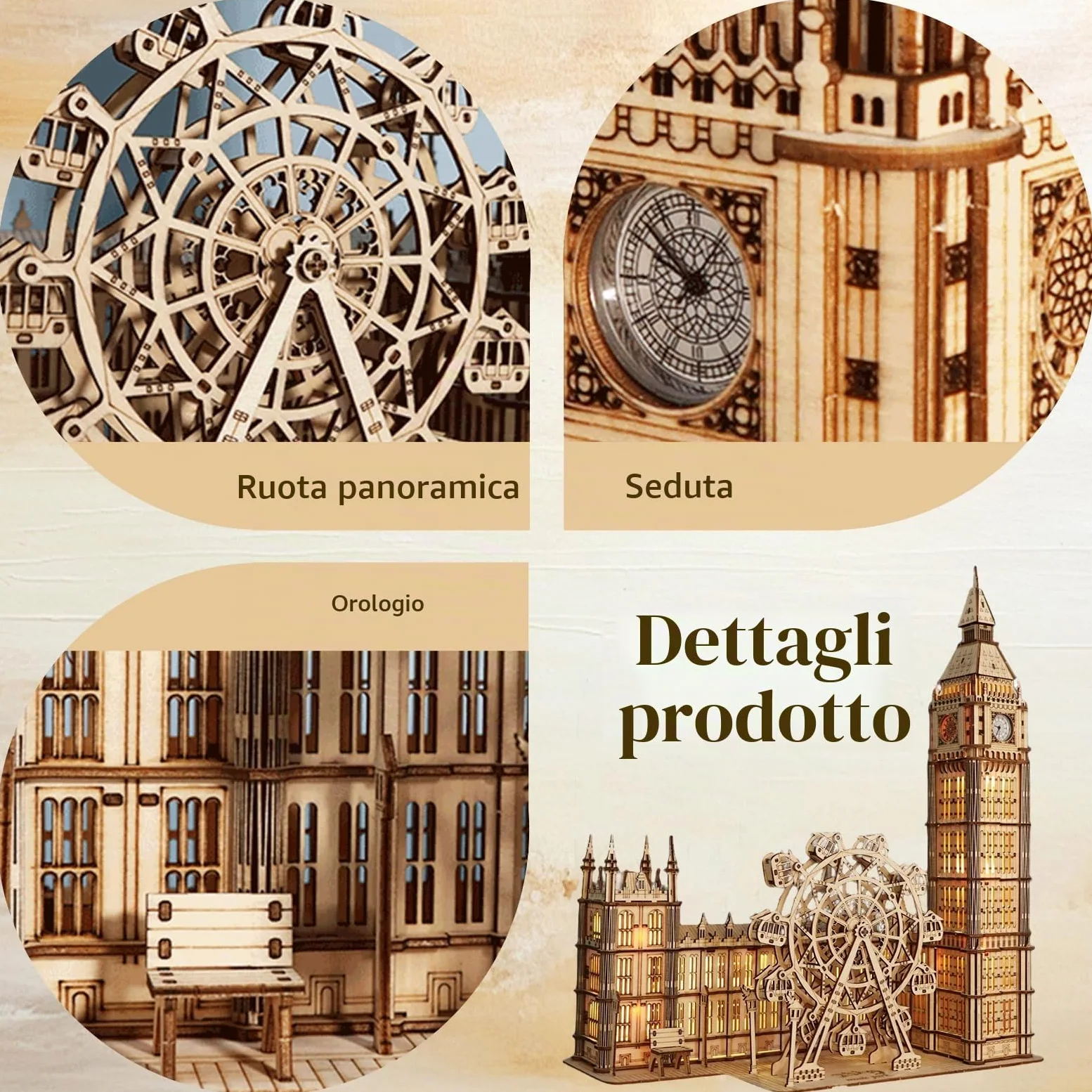 Puzzle 3D in legno Big Ben con orologio funzionante - Kit modello da 306 pezzi per adulti - Non richiede colla - Fai da te con ruota panoramica mobile - Decorazione per ufficio e soggiorno