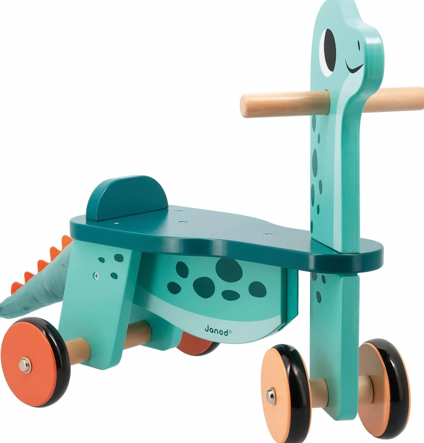 Janod Cavalcabile Dinosauro Portosauro Altezza Sedile 21 cm Coda Peluche Removibile Giocattolo Multisensoriale Legno FSC dai 12 Mesi
