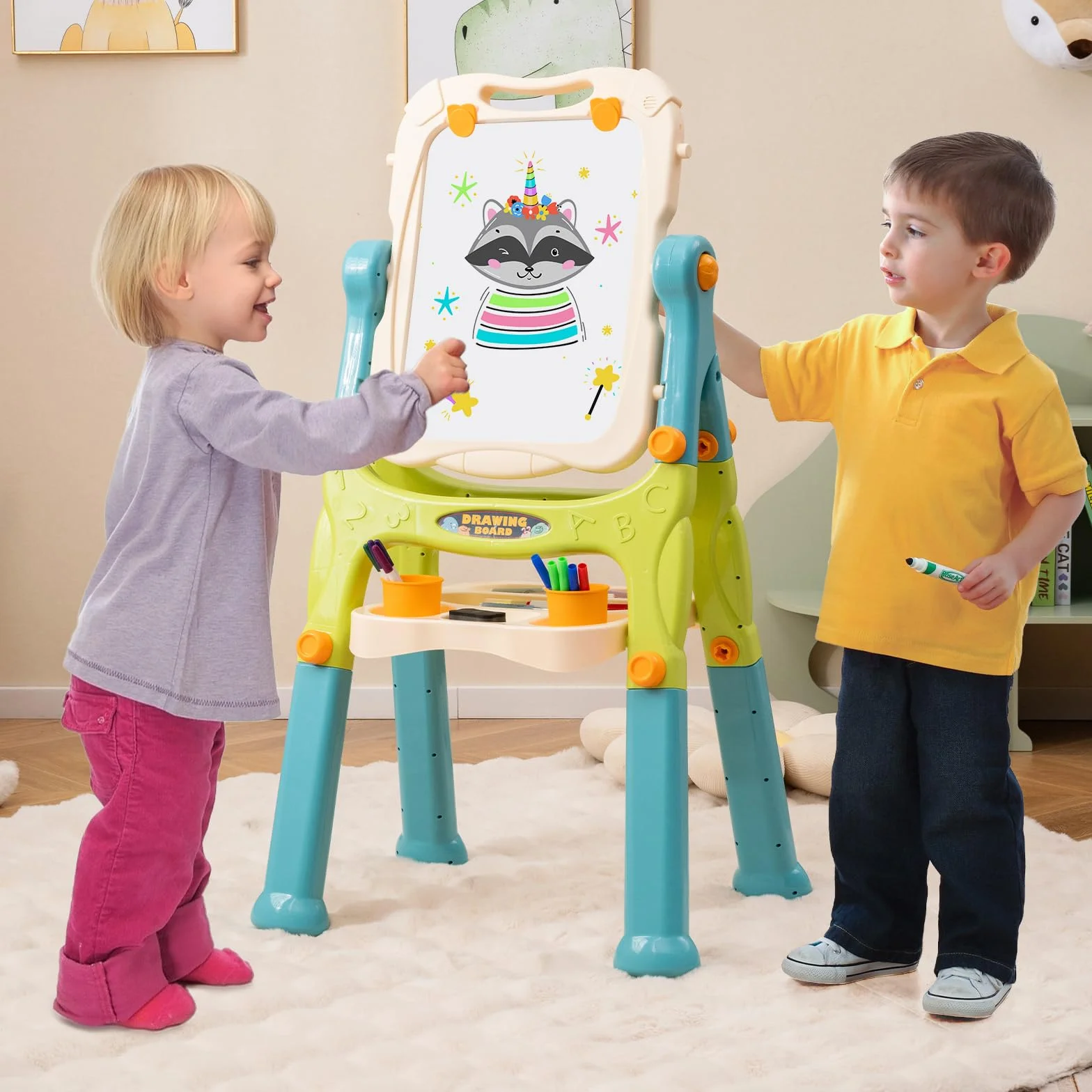 COSTWAY Cavalletto per Bambini Lavagna Magnetica a Doppia Faccia Regolabile in Altezza Tavolo da Disegno Staccabile con Manico Portatile 2 Tazze 3 Anni+