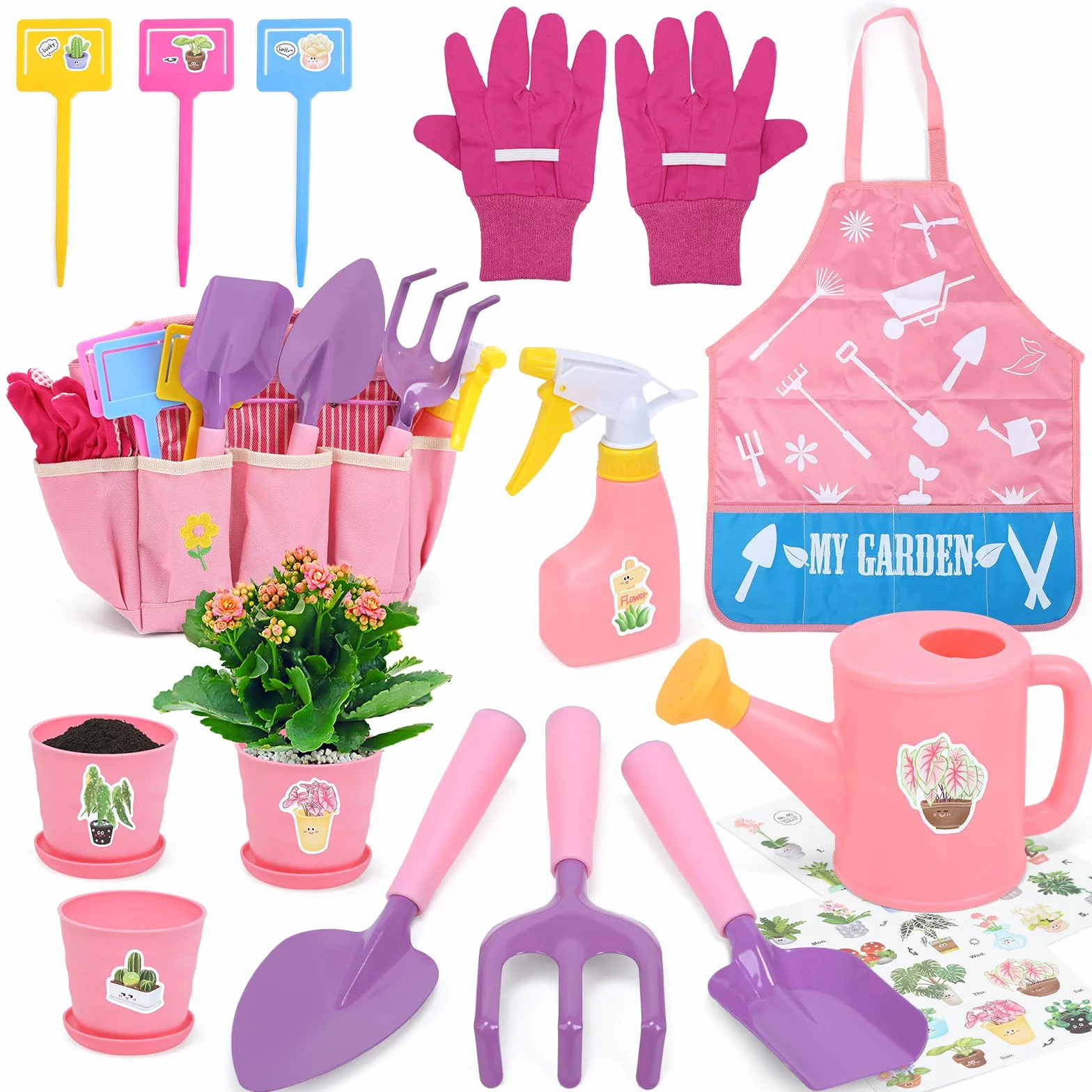 CUTE STONE Set Di Attrezzi Da Giardino per Bambini, Kit Giardinaggio Bambini Include Grembiule, Guanti Da Giardino, Paletta Giardinaggio, Borsa Da Giardinogiocattoli da esterno per bambini (Rosa).