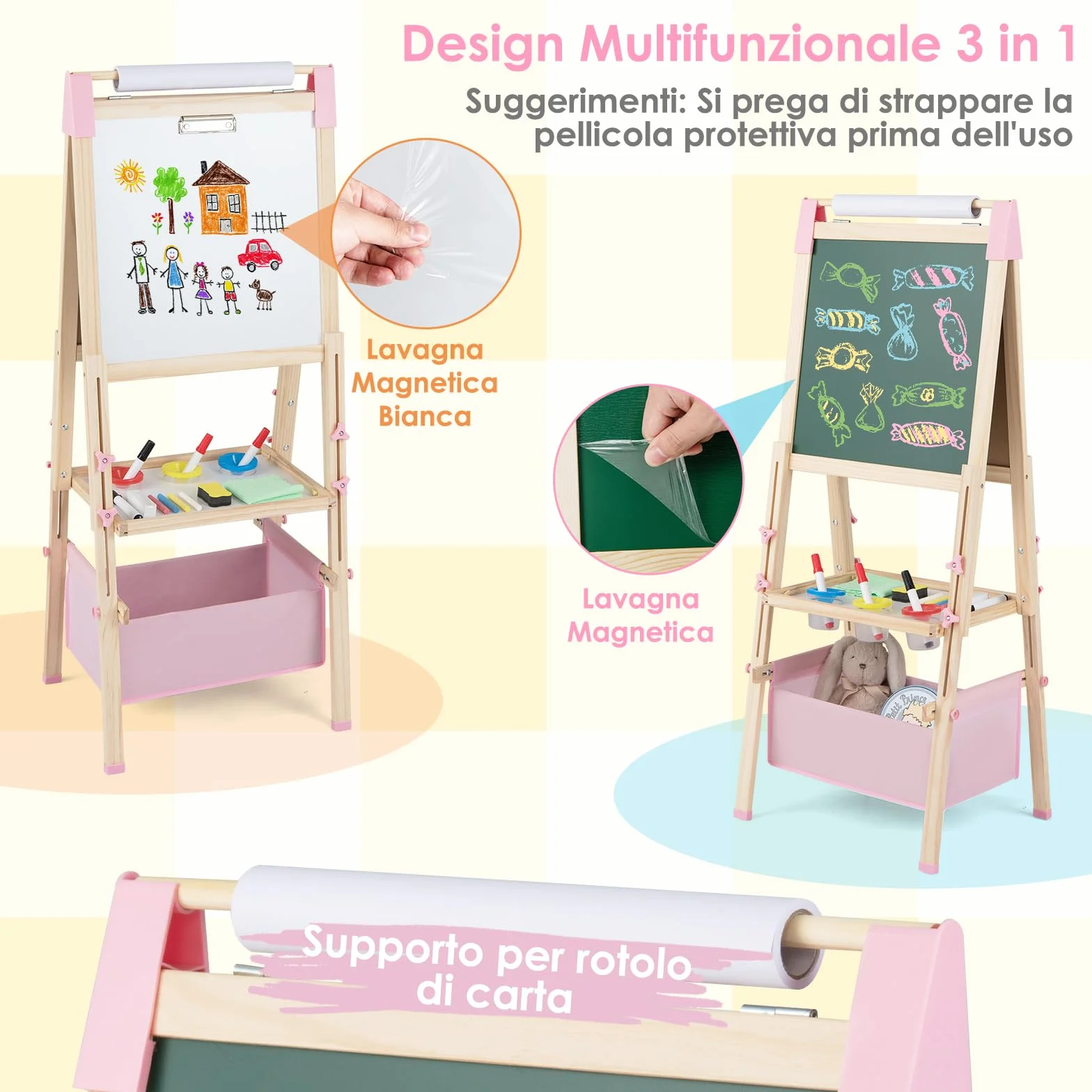 COSTWAY Cavalletto per Bambini Regolabile in Altezza in Legno, Cavalletto a Doppio Lato con Lavagna Magnetica e Bianca, con Scatola, Magneti con Lettere e Numeri, per Bambini 3-8 Anni (Rosa)