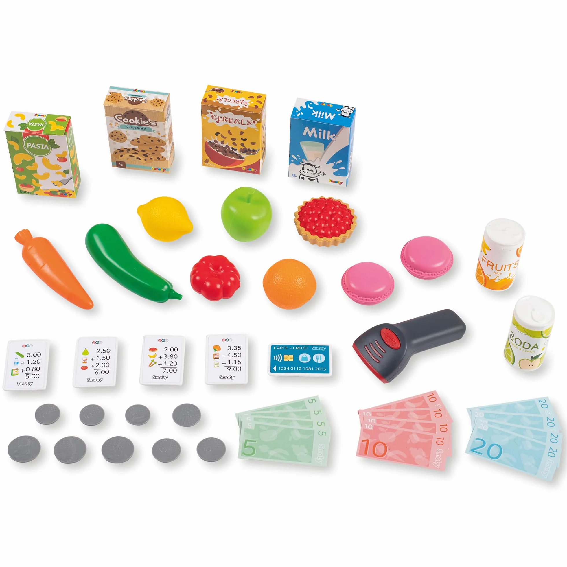 Smoby - Supermercato - Carrello della spesa per bambini - Carrello della spesa incluso - Bilancia meccanica - Funzioni elettroniche - 42 accessori - Dai 3 anni - Prodotto in Francia